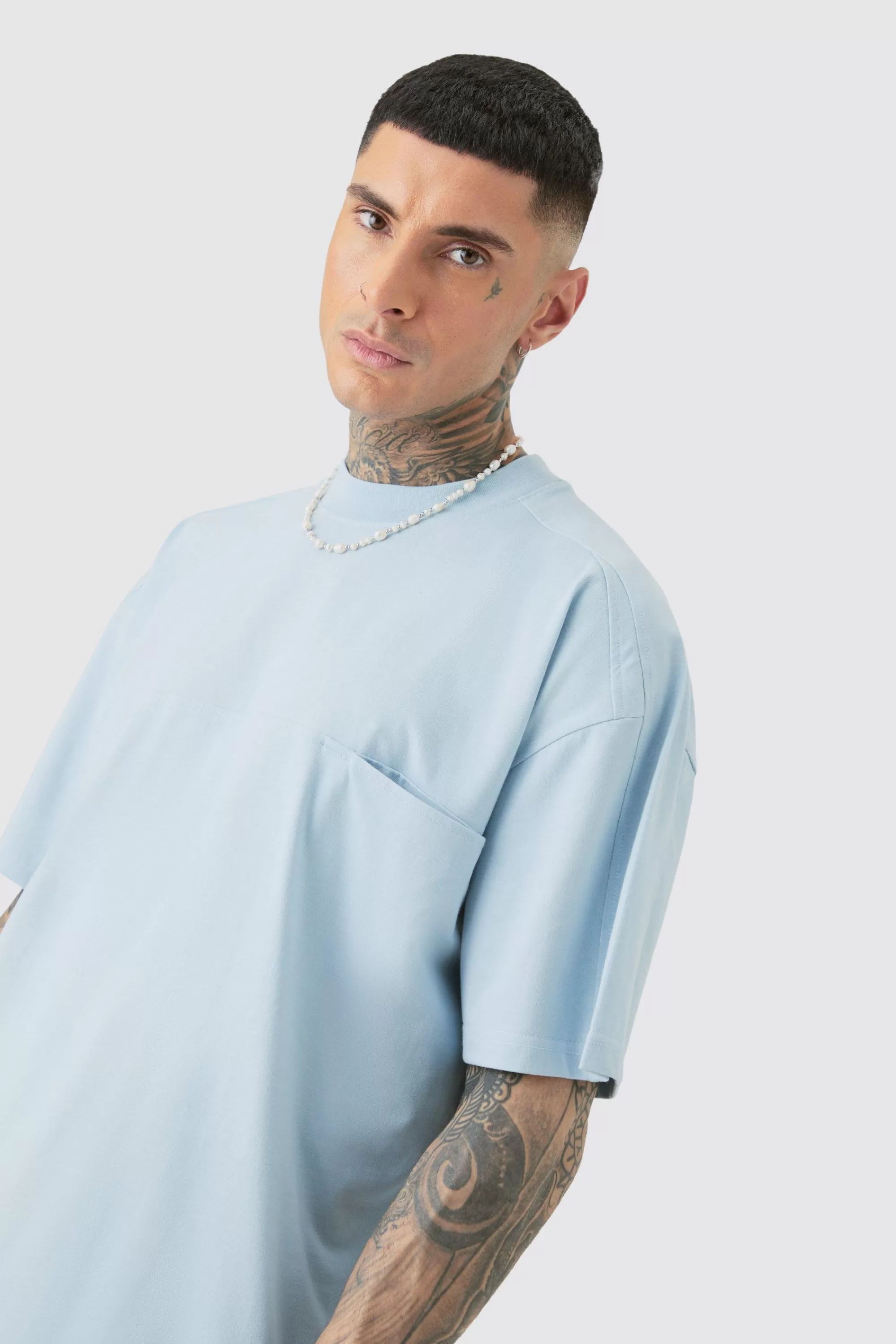 boohooMAN Tall Oversized Extended Neck Panel T-shirt & Cargo Short Set | UK
