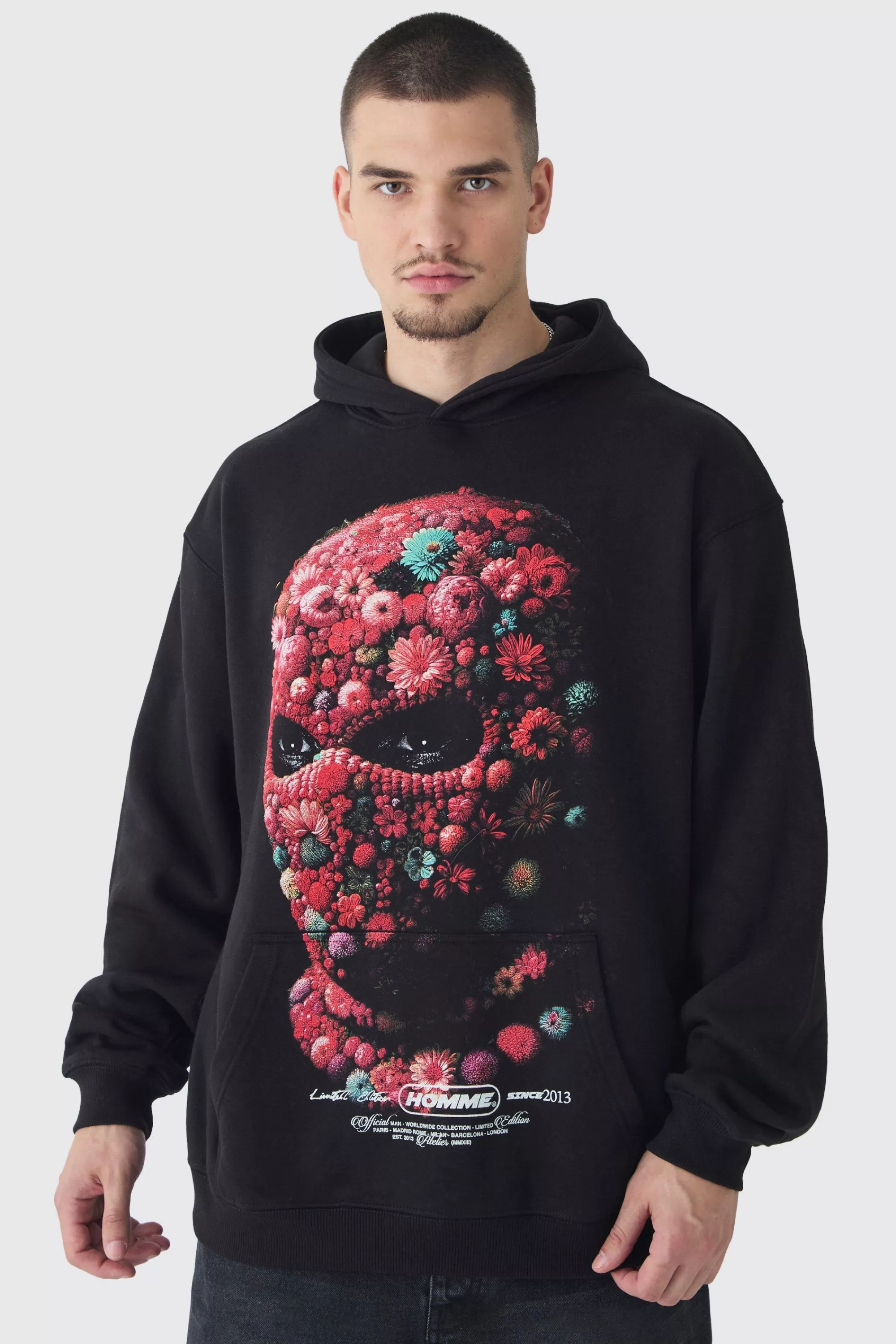 boohooMAN Tall Oversized Floral Balaclava Print Hoodie | UK
