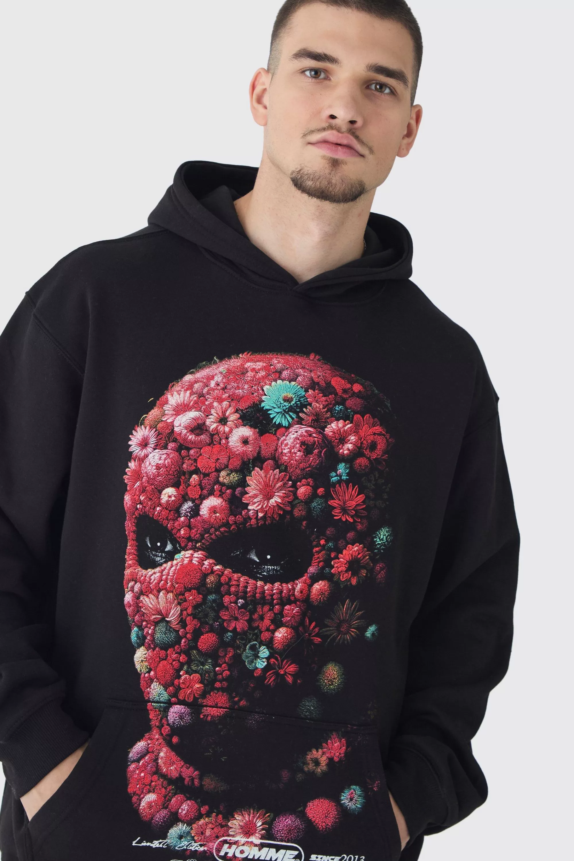 boohooMAN Tall Oversized Floral Balaclava Print Hoodie | UK