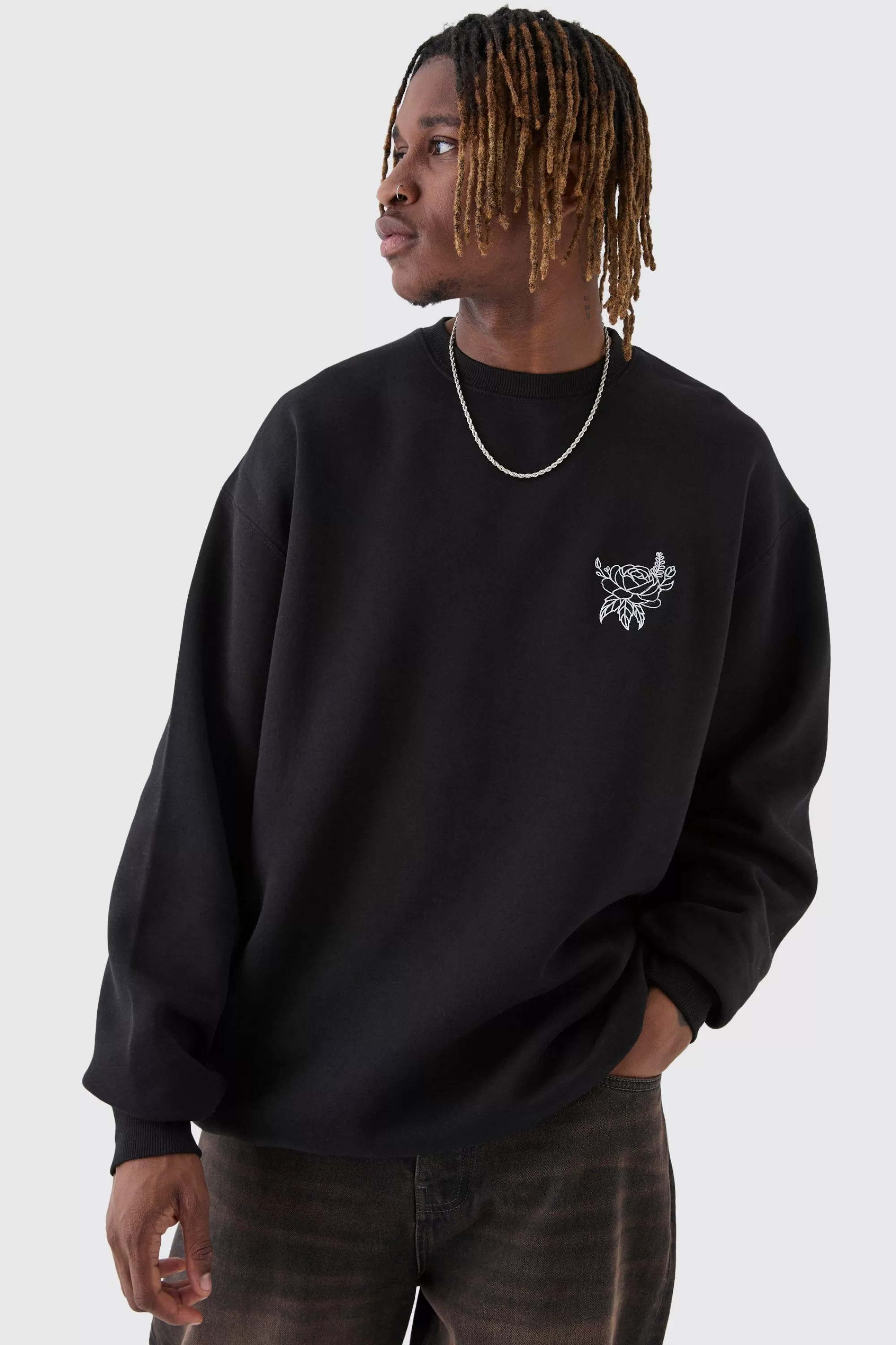 boohooMAN Tall Oversized Floral Embroidered Sweatshirt | UK