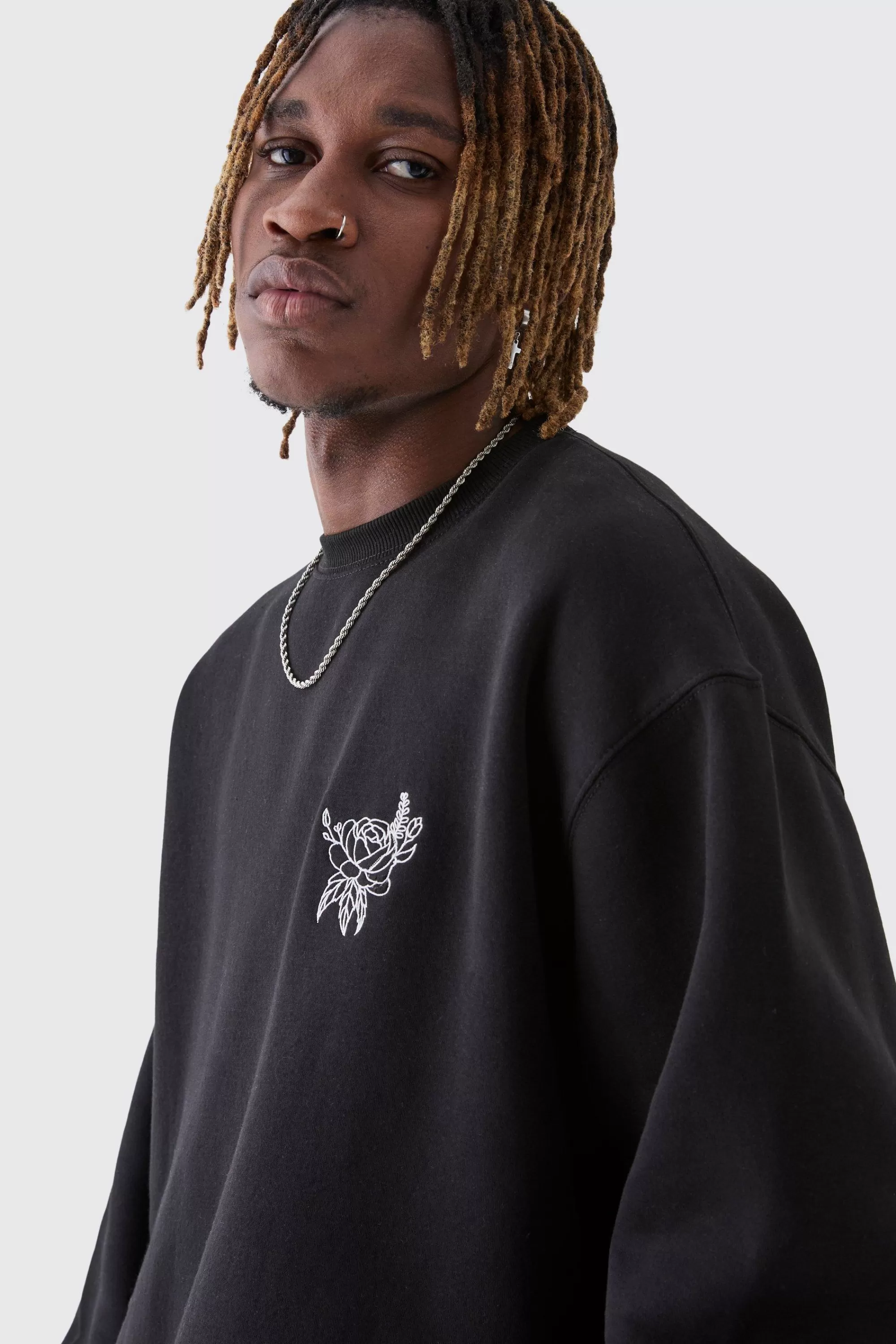 boohooMAN Tall Oversized Floral Embroidered Sweatshirt | UK