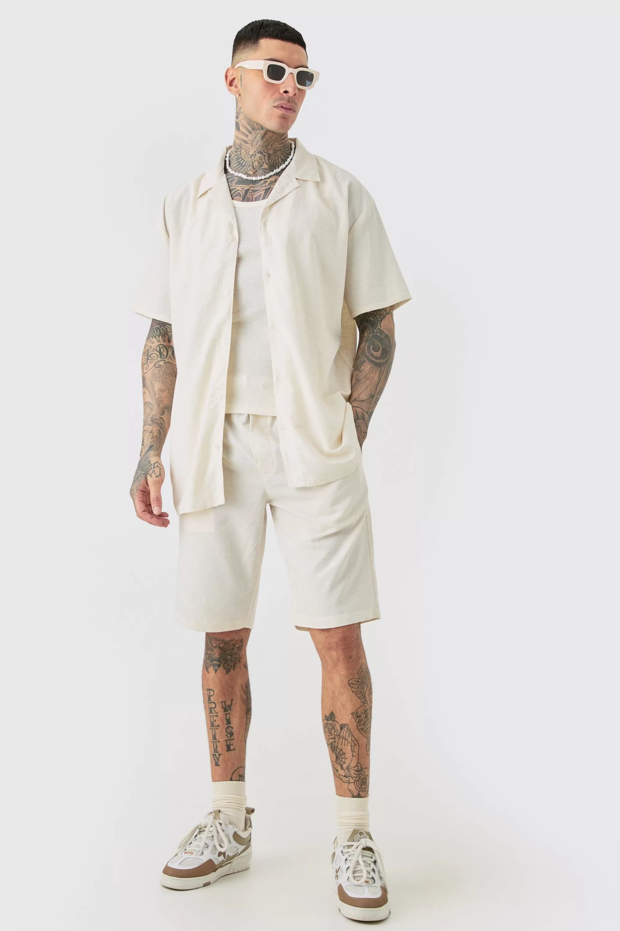 boohooMAN Tall Oversized Linen Drop Revere Shirt & Short Set In | UK