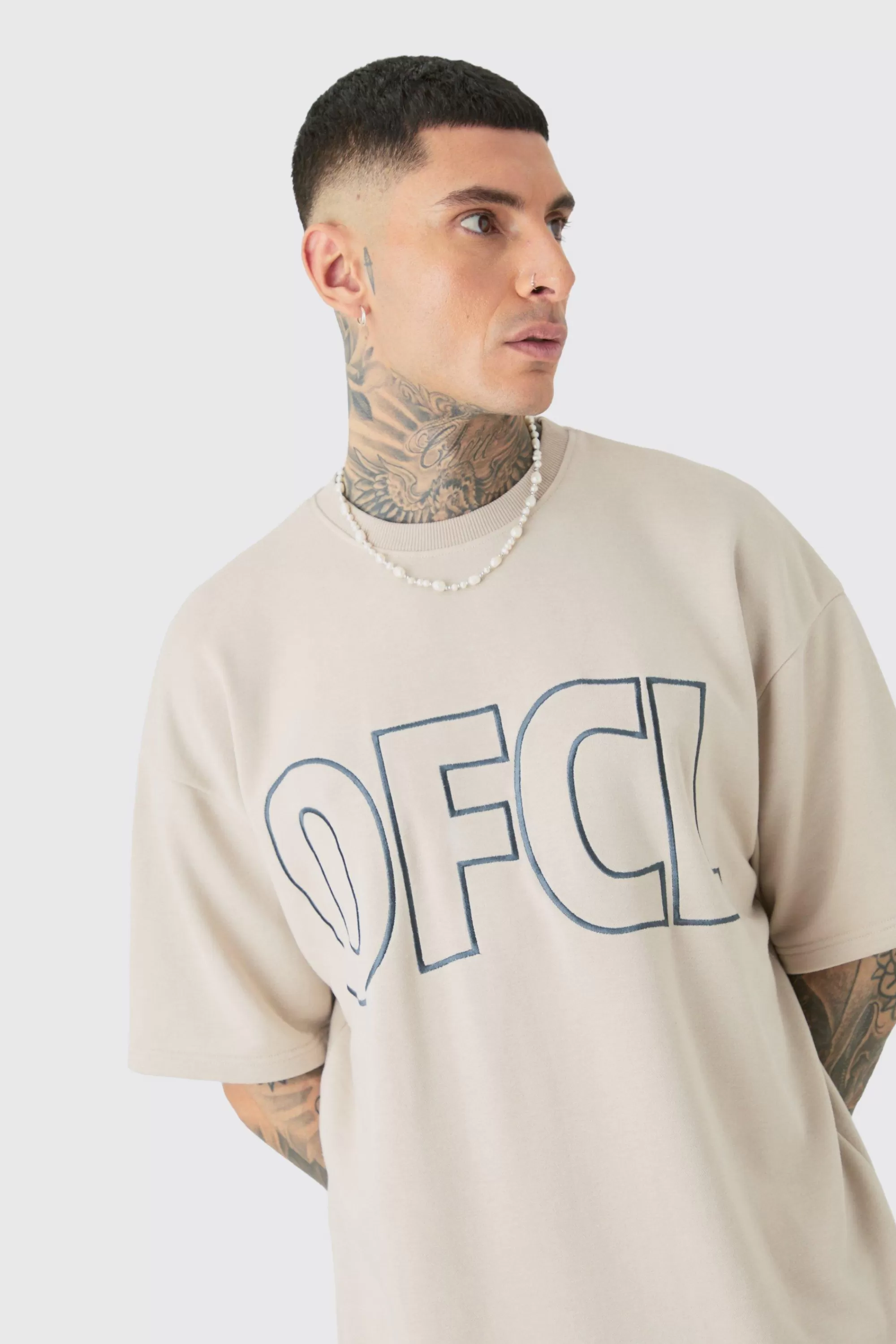 boohooMAN Tall Oversized OFCL Embroidered T-Shirt & Short Set | UK