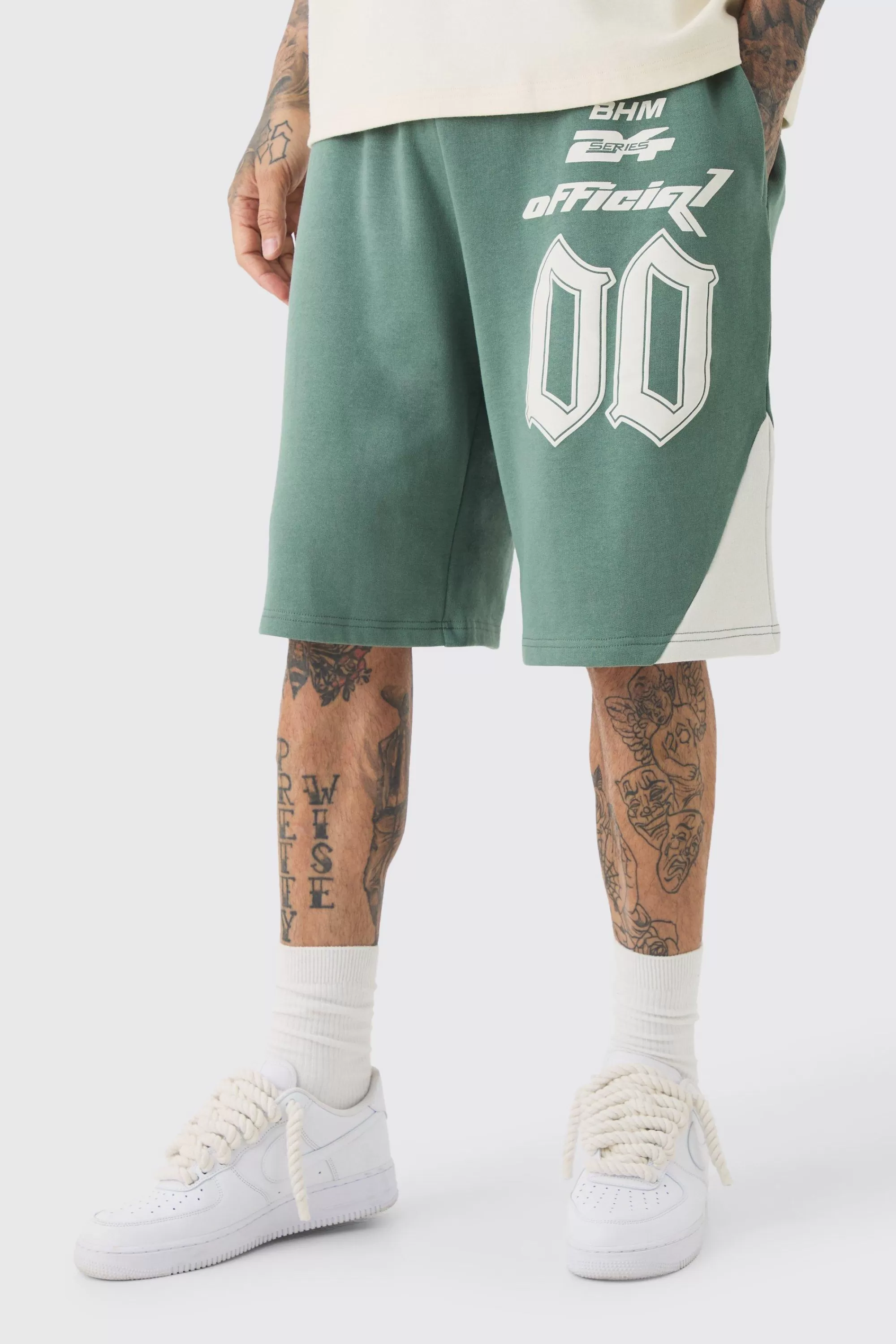 boohooMAN Tall Oversized Puff Print Moto Mid Length Shorts | UK