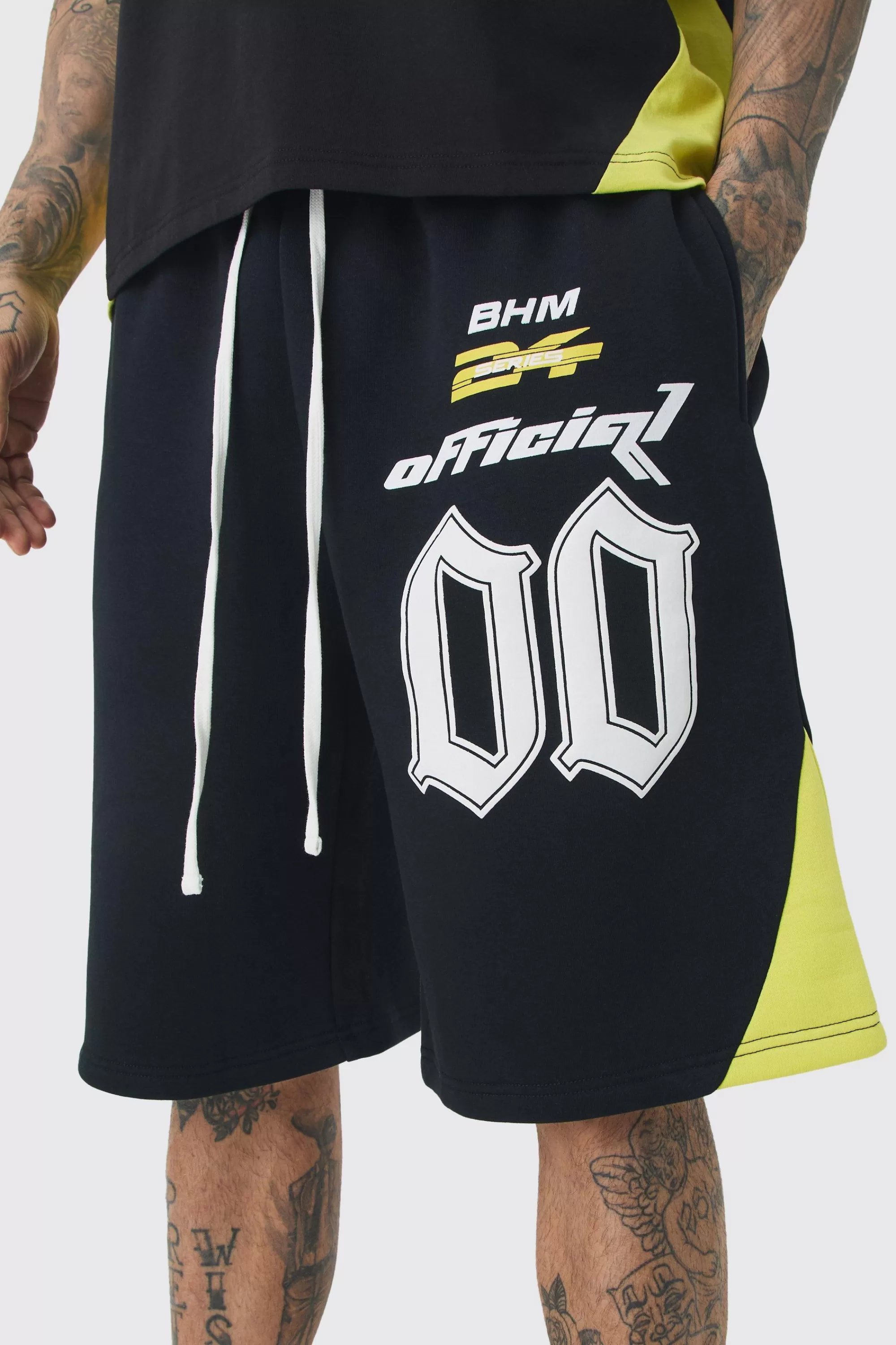 boohooMAN Tall Oversized Puff Print Moto Mid Length Shorts | UK