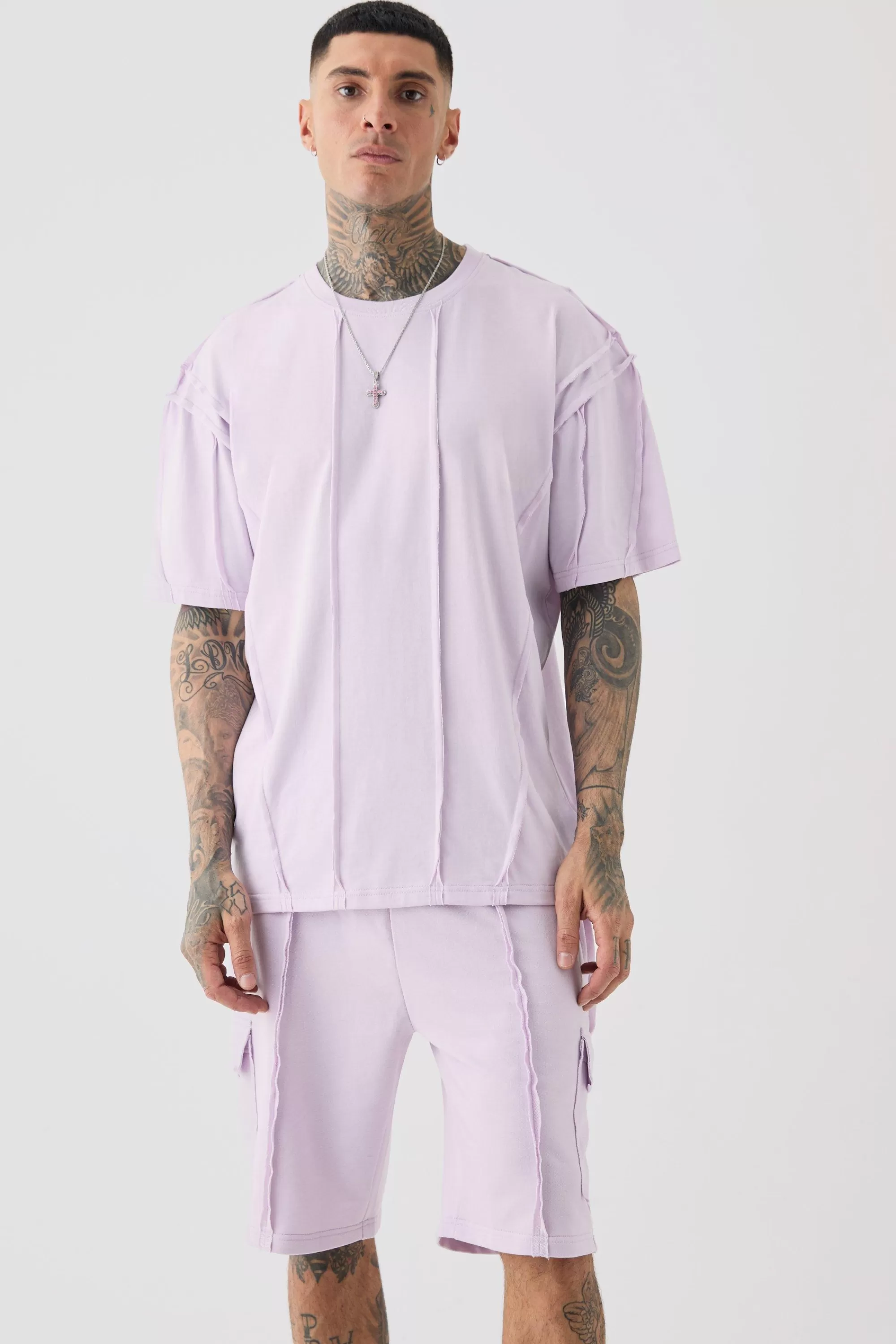 boohooMAN Tall Oversized Raw Interlock Seam T-shirt & Cargo Short Set | UK