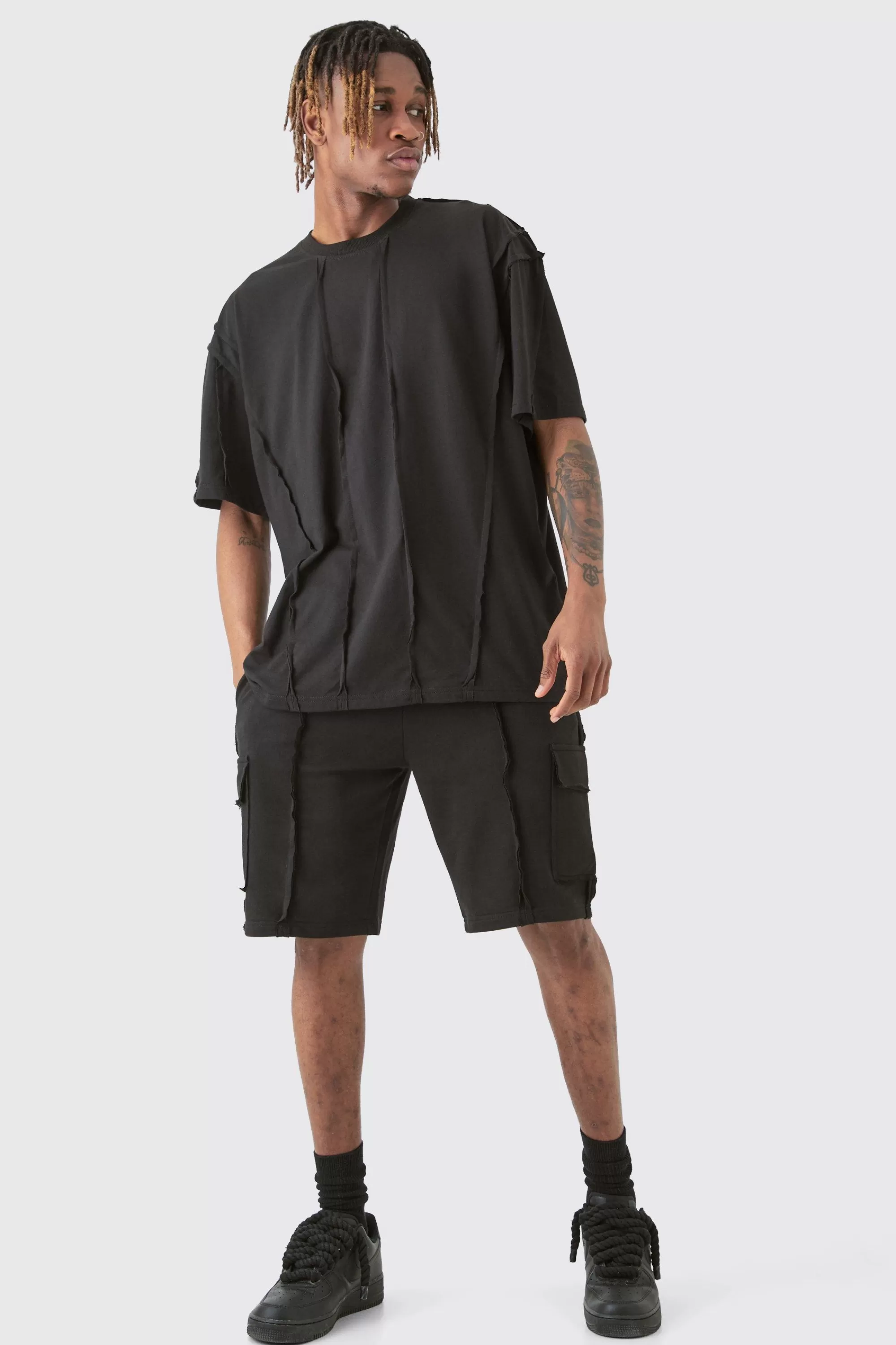 boohooMAN Tall Oversized Raw Interlock Seam T-shirt & Cargo Short Set | UK