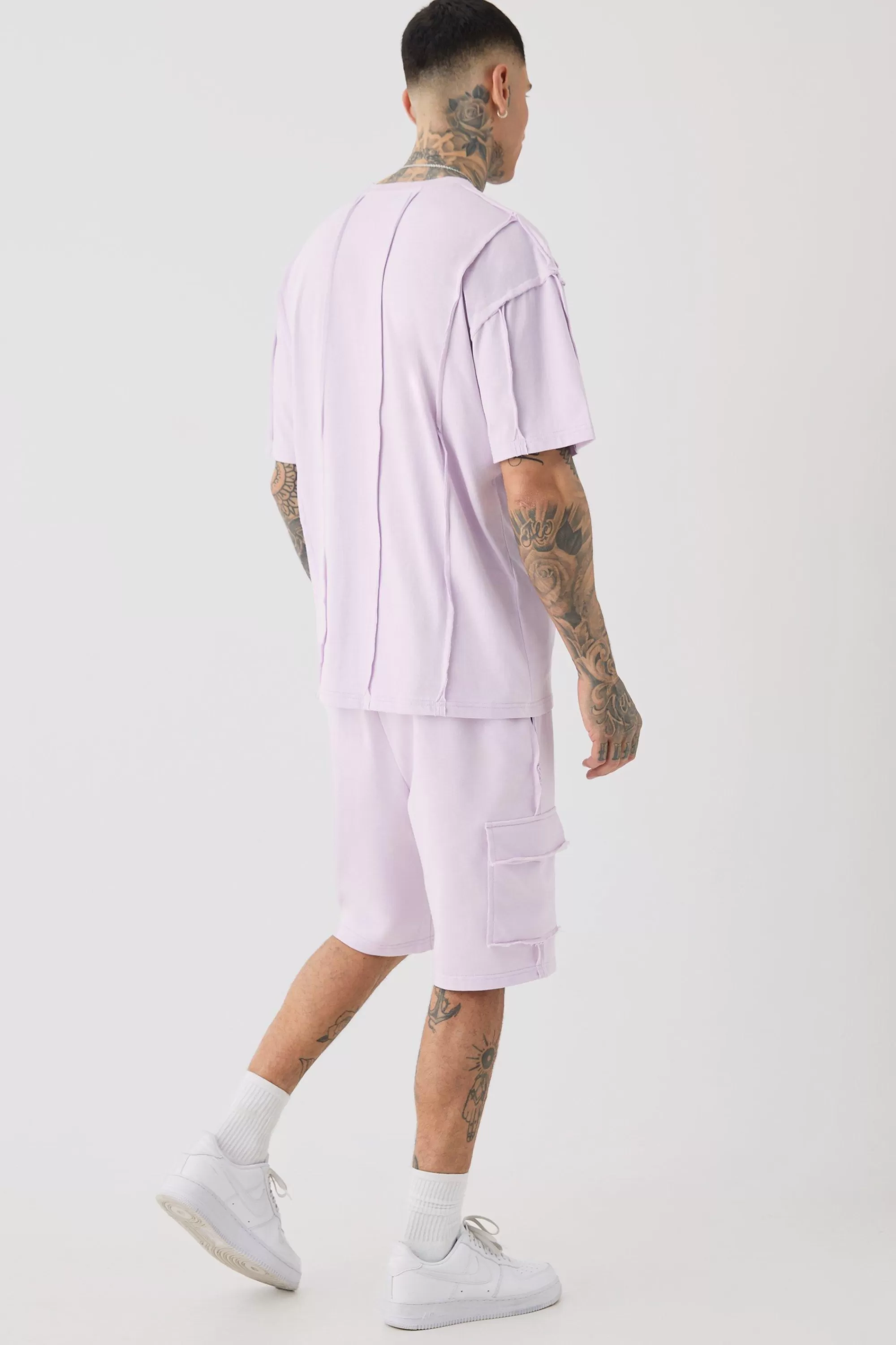 boohooMAN Tall Oversized Raw Interlock Seam T-shirt & Cargo Short Set | UK