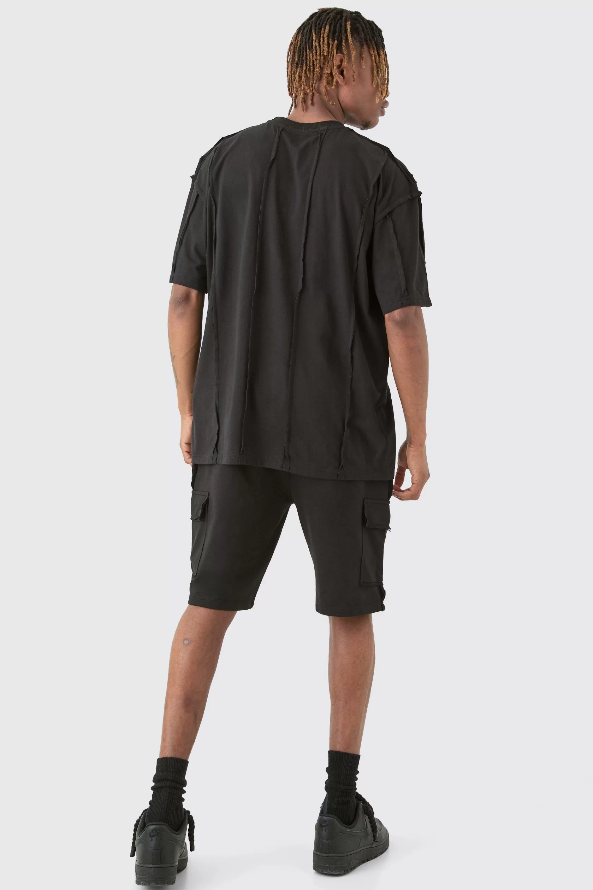 boohooMAN Tall Oversized Raw Interlock Seam T-shirt & Cargo Short Set | UK