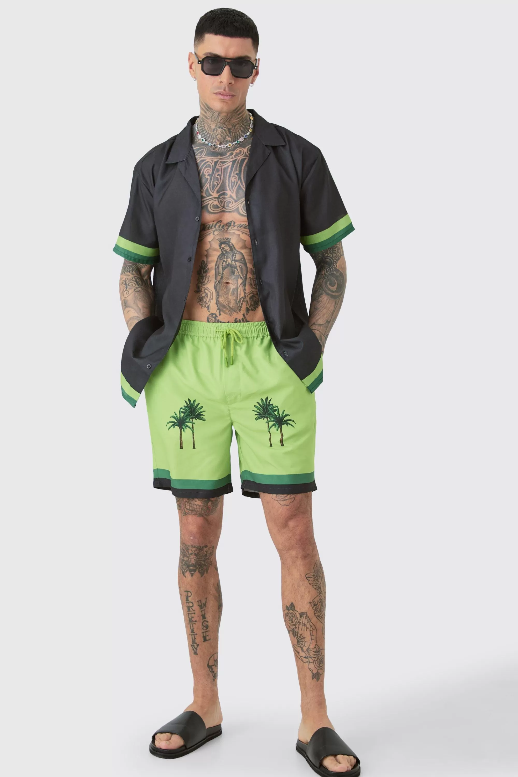 boohooMAN Tall Oversized Resort Print Shirt & Swim Short Set In | UK