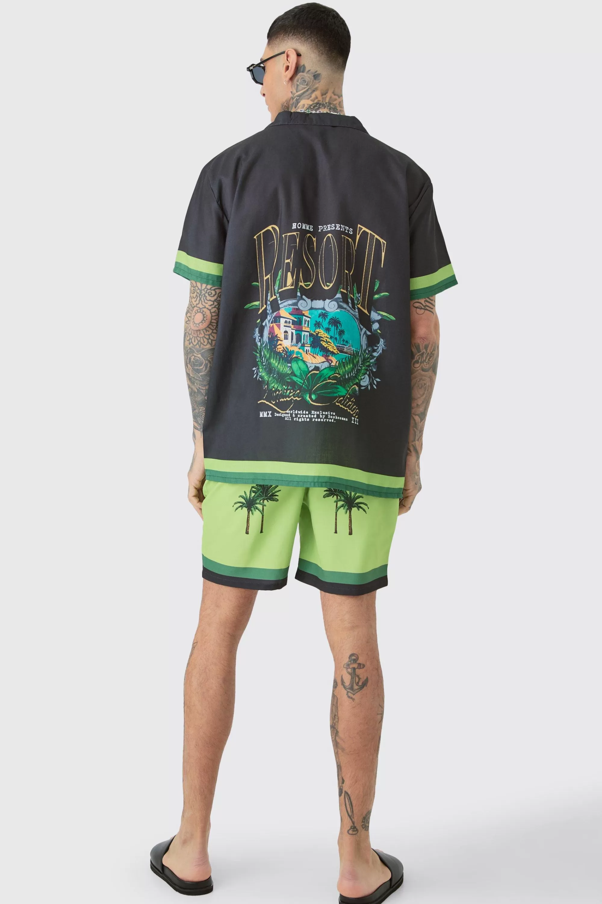 boohooMAN Tall Oversized Resort Print Shirt & Swim Short Set In | UK