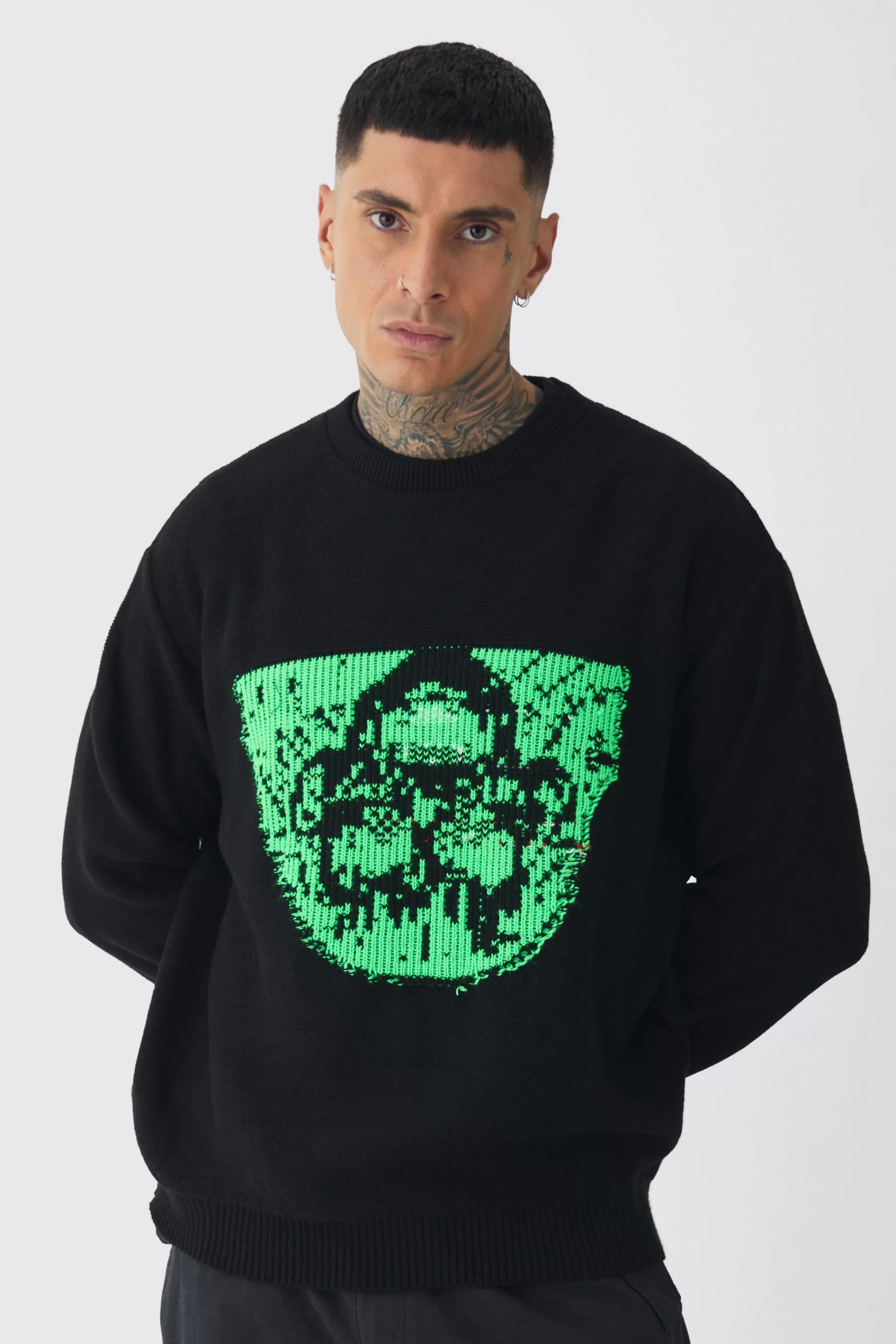 boohooMAN Tall Oversized Reverse Knit Halloween Jumper | UK