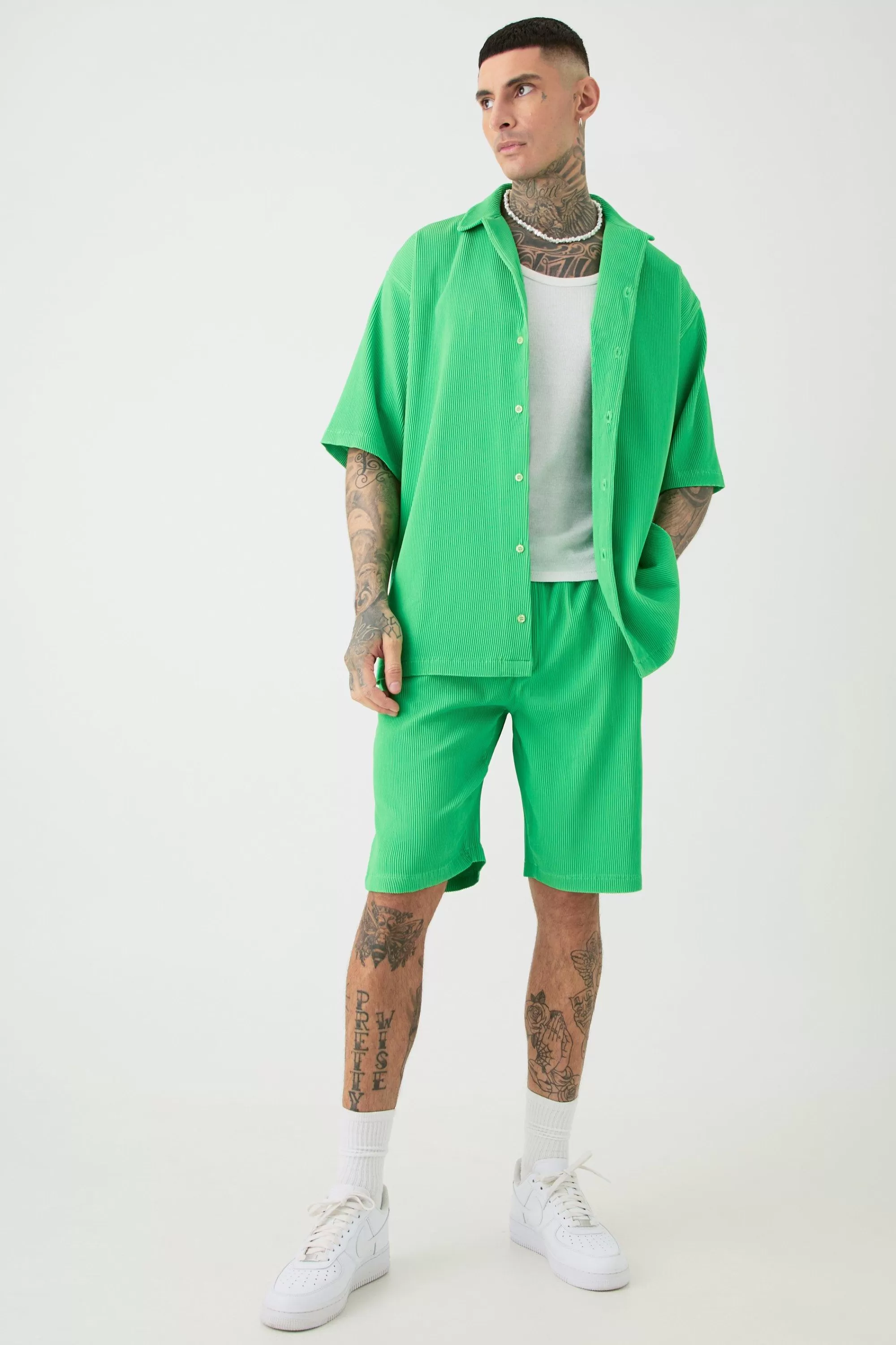 boohooMAN Tall Oversized Short Sleeve Pleated Shirt & Short In | UK