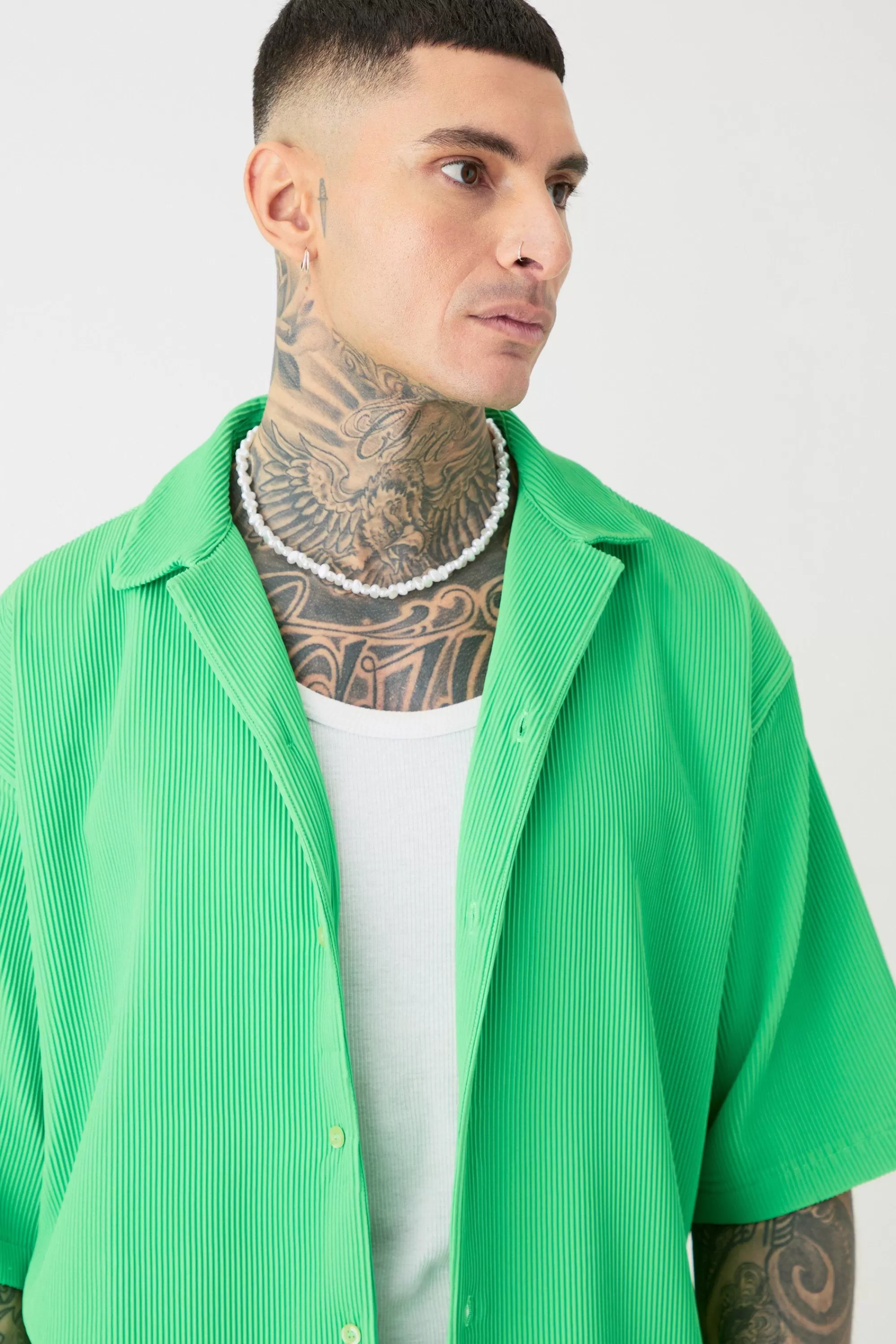 boohooMAN Tall Oversized Short Sleeve Pleated Shirt & Short In | UK