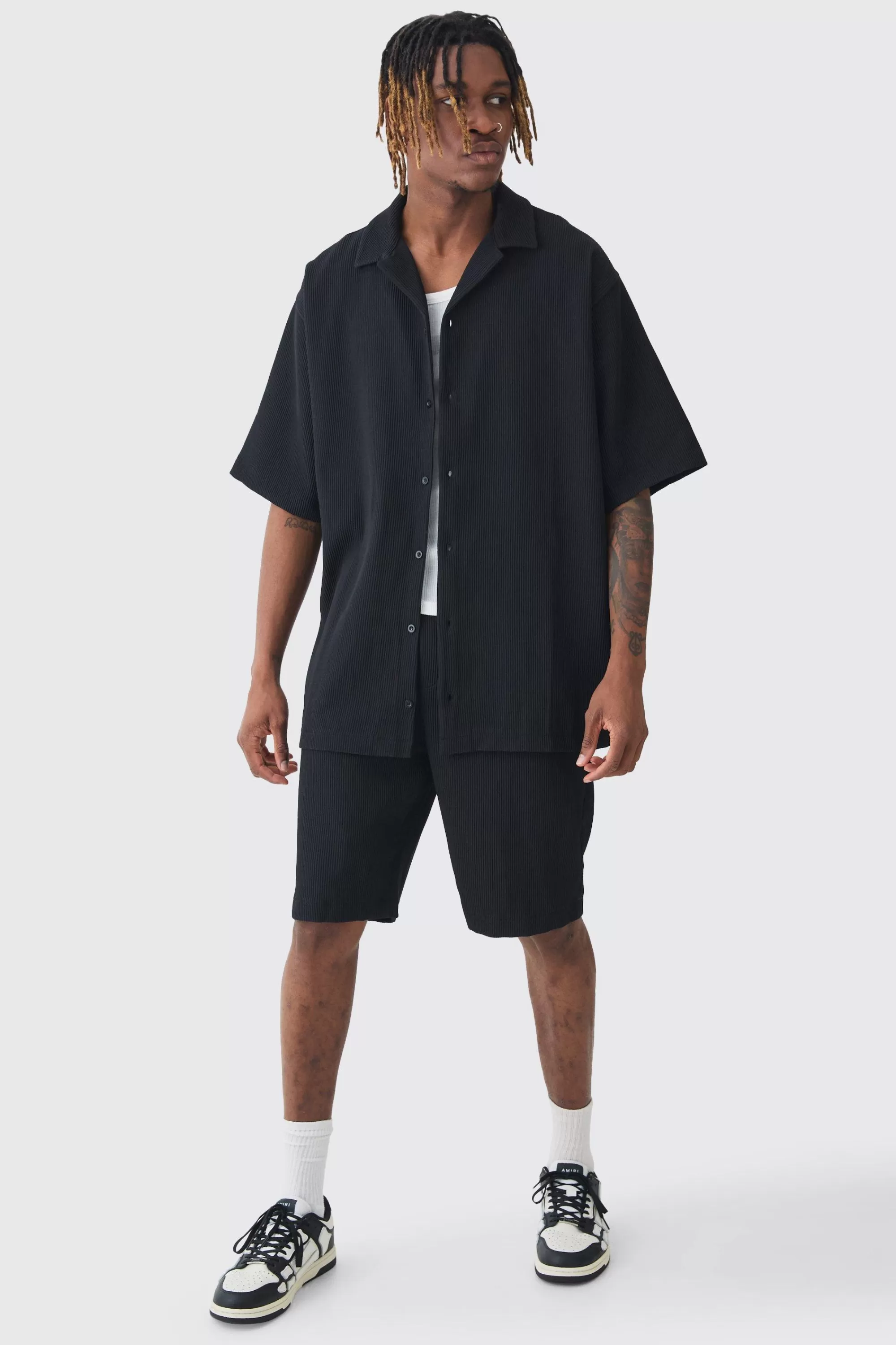 boohooMAN Tall Oversized Short Sleeve Pleated Shirt & Short Set | UK