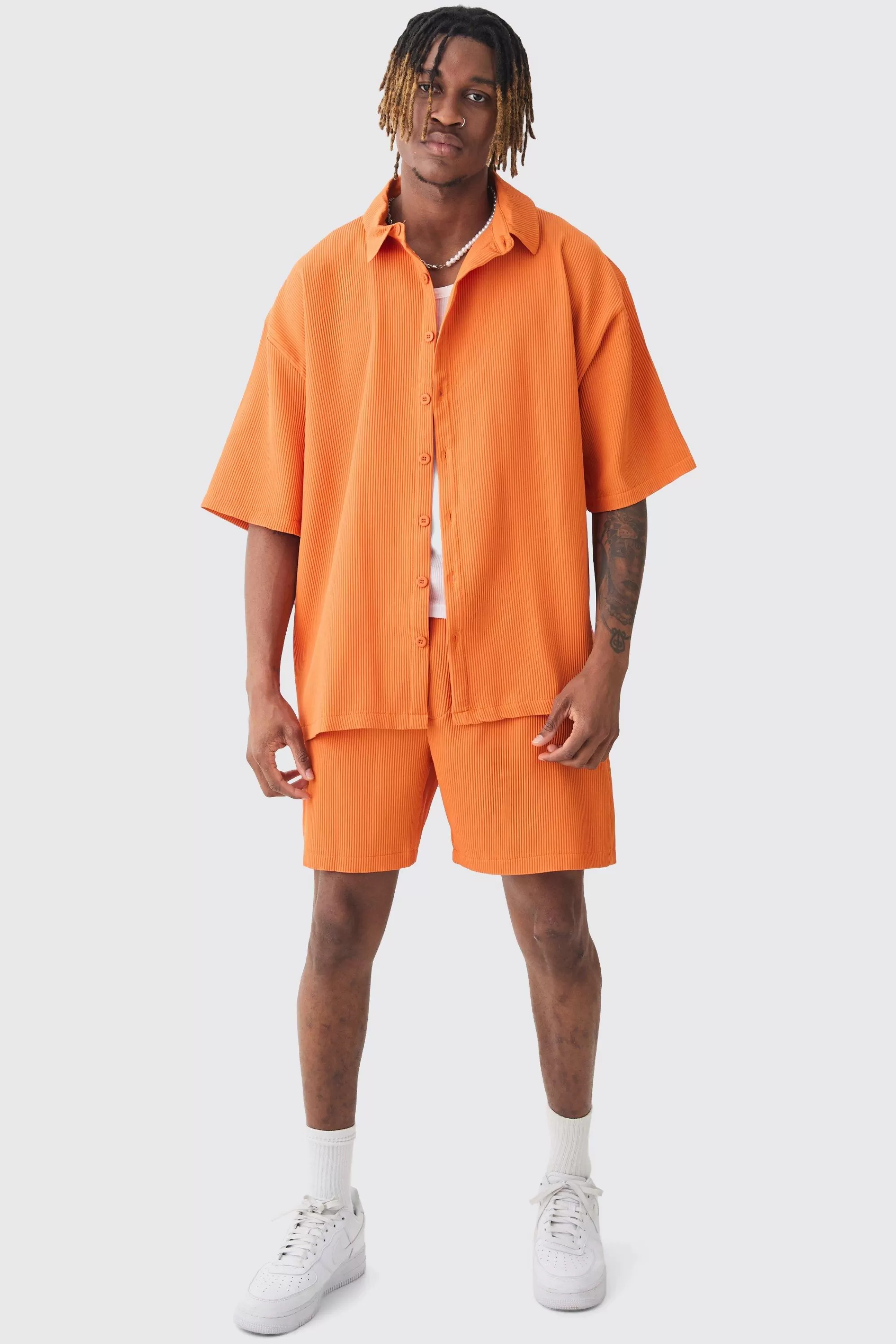 boohooMAN Tall Oversized Short Sleeve Pleated Shirt & Short Set In Sunset | UK