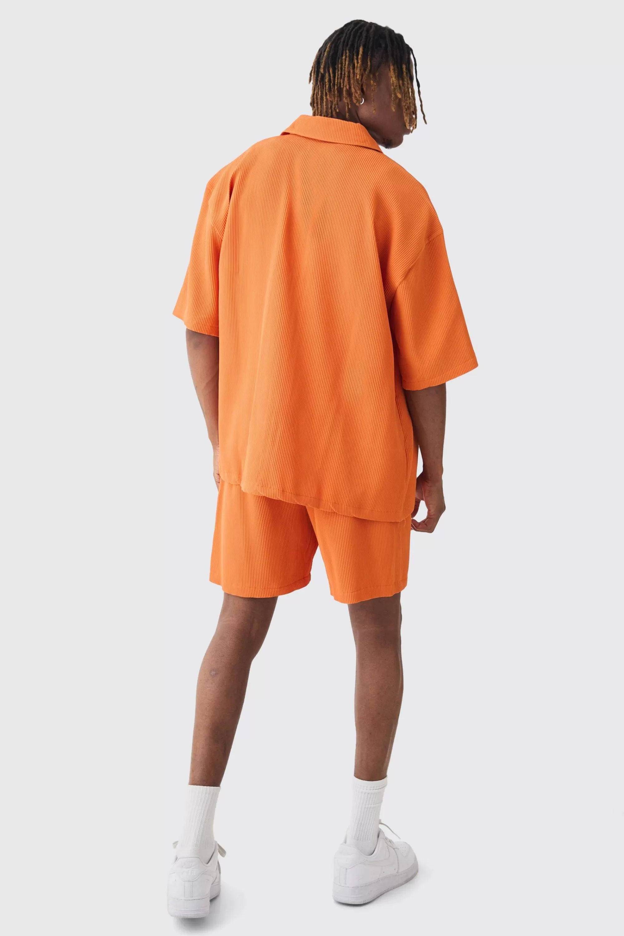 boohooMAN Tall Oversized Short Sleeve Pleated Shirt & Short Set In Sunset | UK
