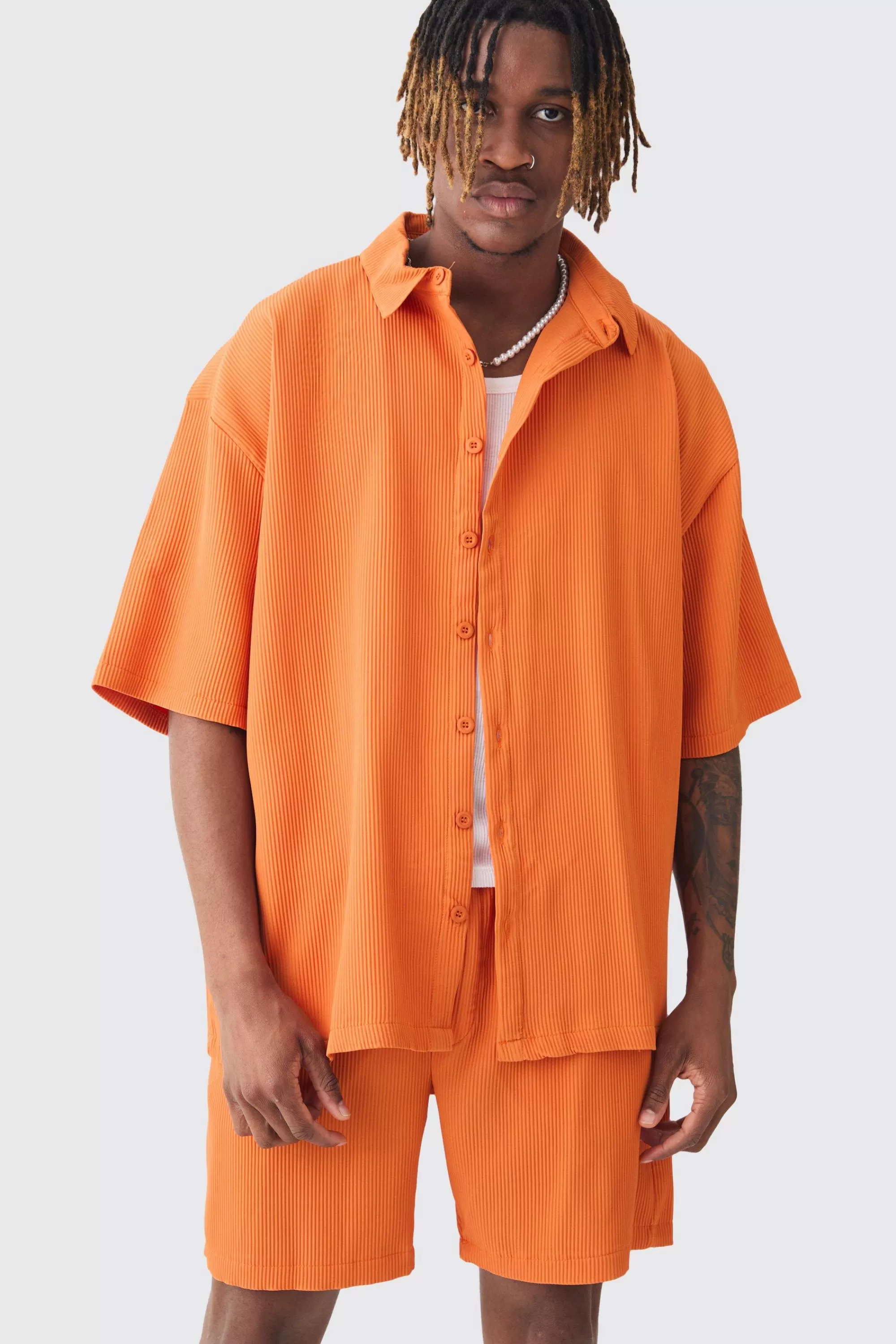 boohooMAN Tall Oversized Short Sleeve Pleated Shirt & Short Set In Sunset | UK
