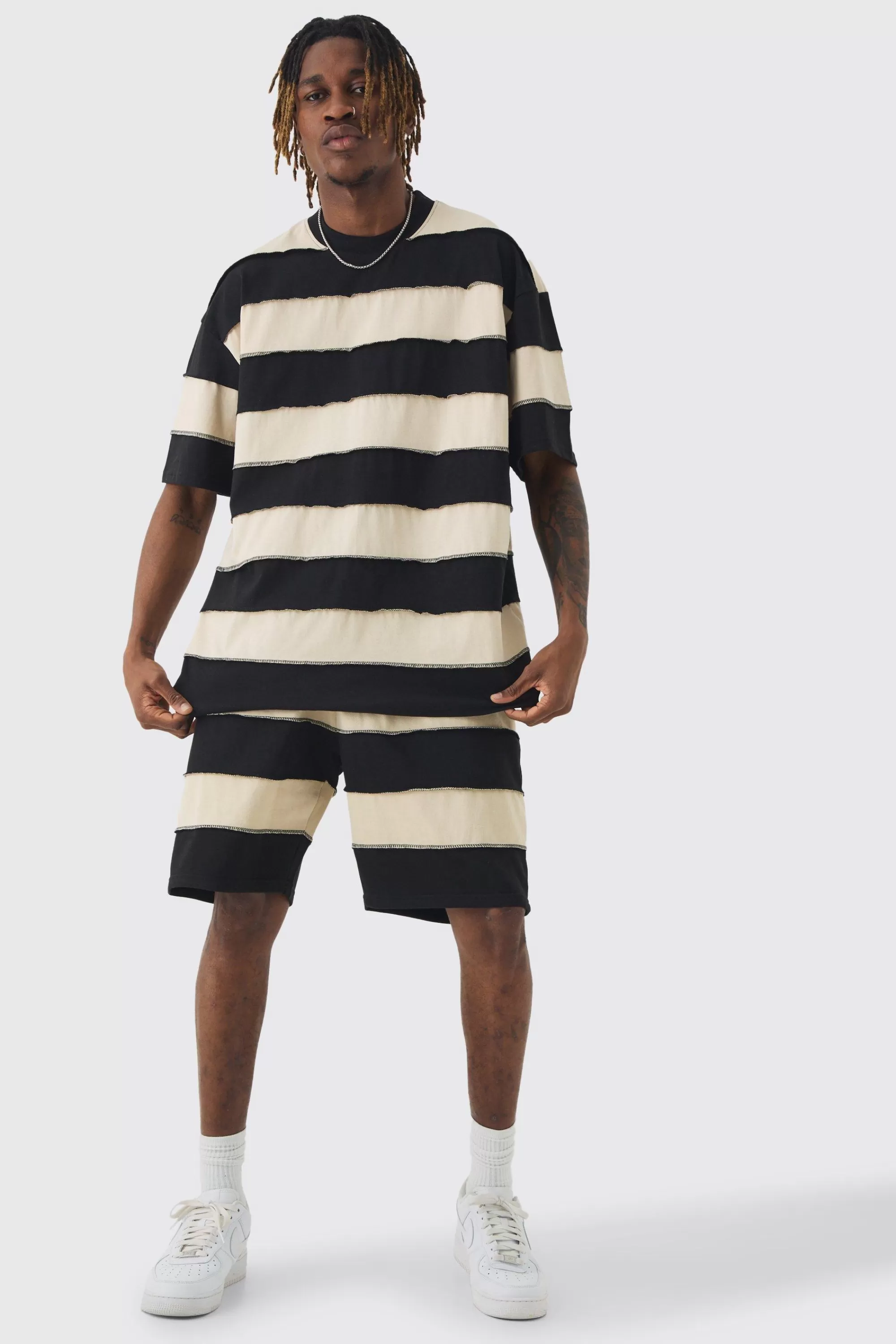 boohooMAN Tall Oversized Stripe Raw Seam T-shirt & Short Set | UK