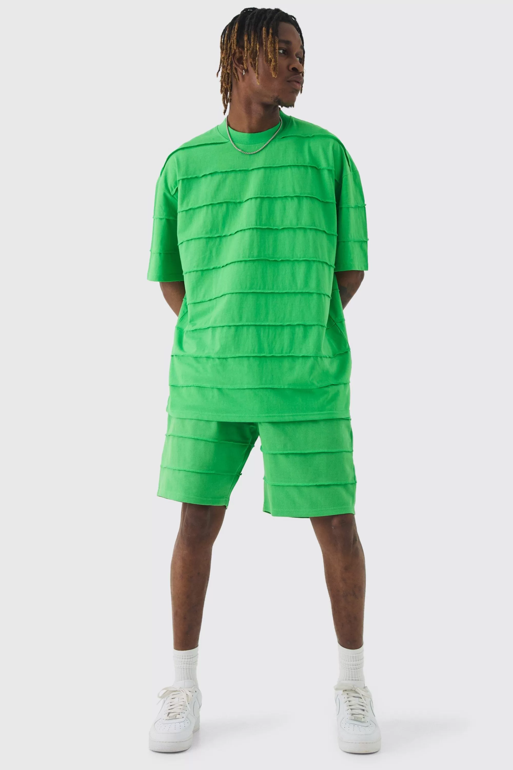 boohooMAN Tall Oversized Stripe Raw Seam T-shirt & Short Set | UK