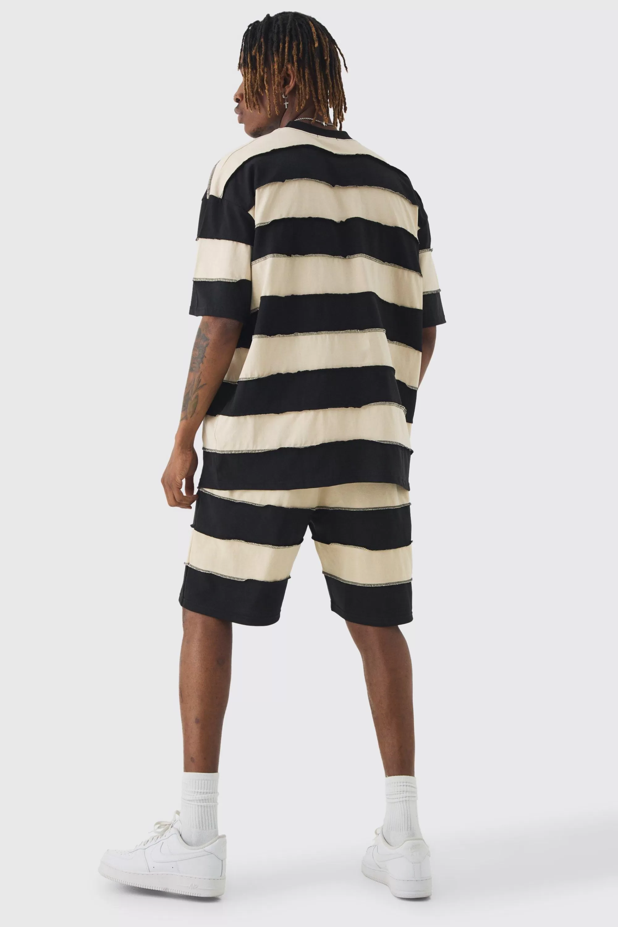 boohooMAN Tall Oversized Stripe Raw Seam T-shirt & Short Set | UK
