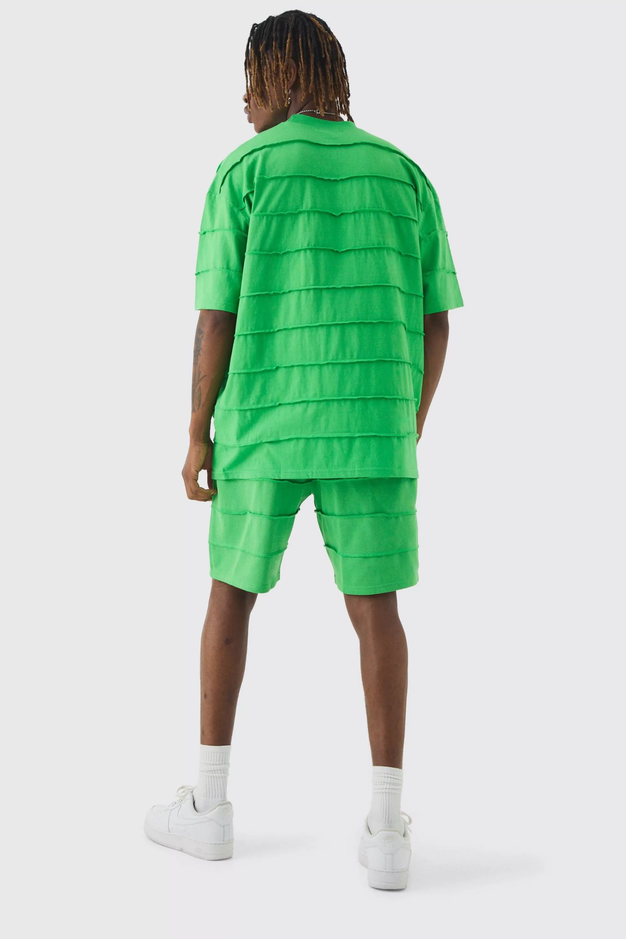 boohooMAN Tall Oversized Stripe Raw Seam T-shirt & Short Set | UK