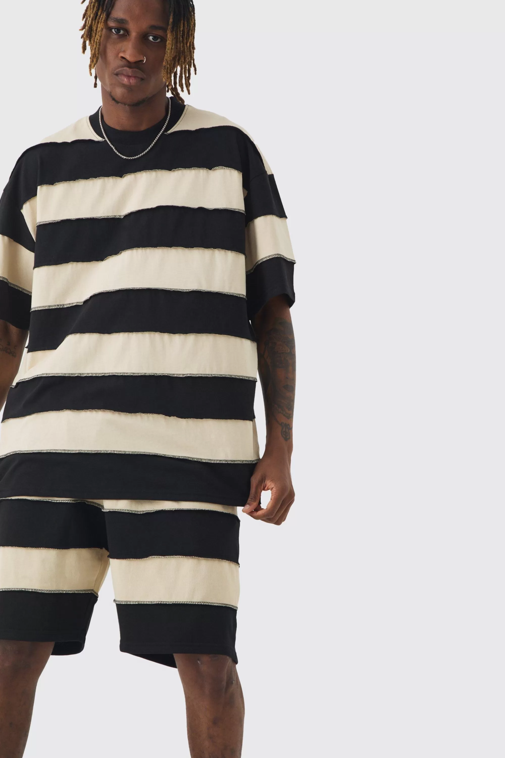 boohooMAN Tall Oversized Stripe Raw Seam T-shirt & Short Set | UK