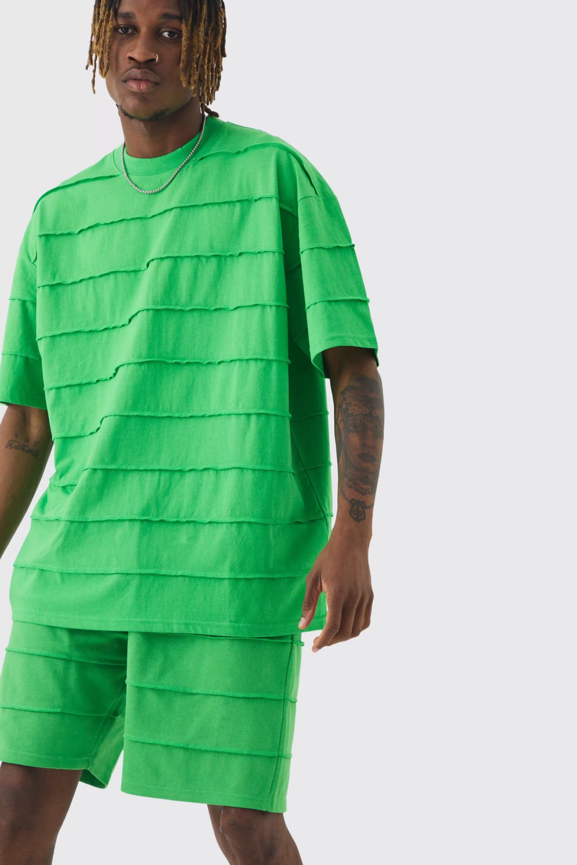 boohooMAN Tall Oversized Stripe Raw Seam T-shirt & Short Set | UK