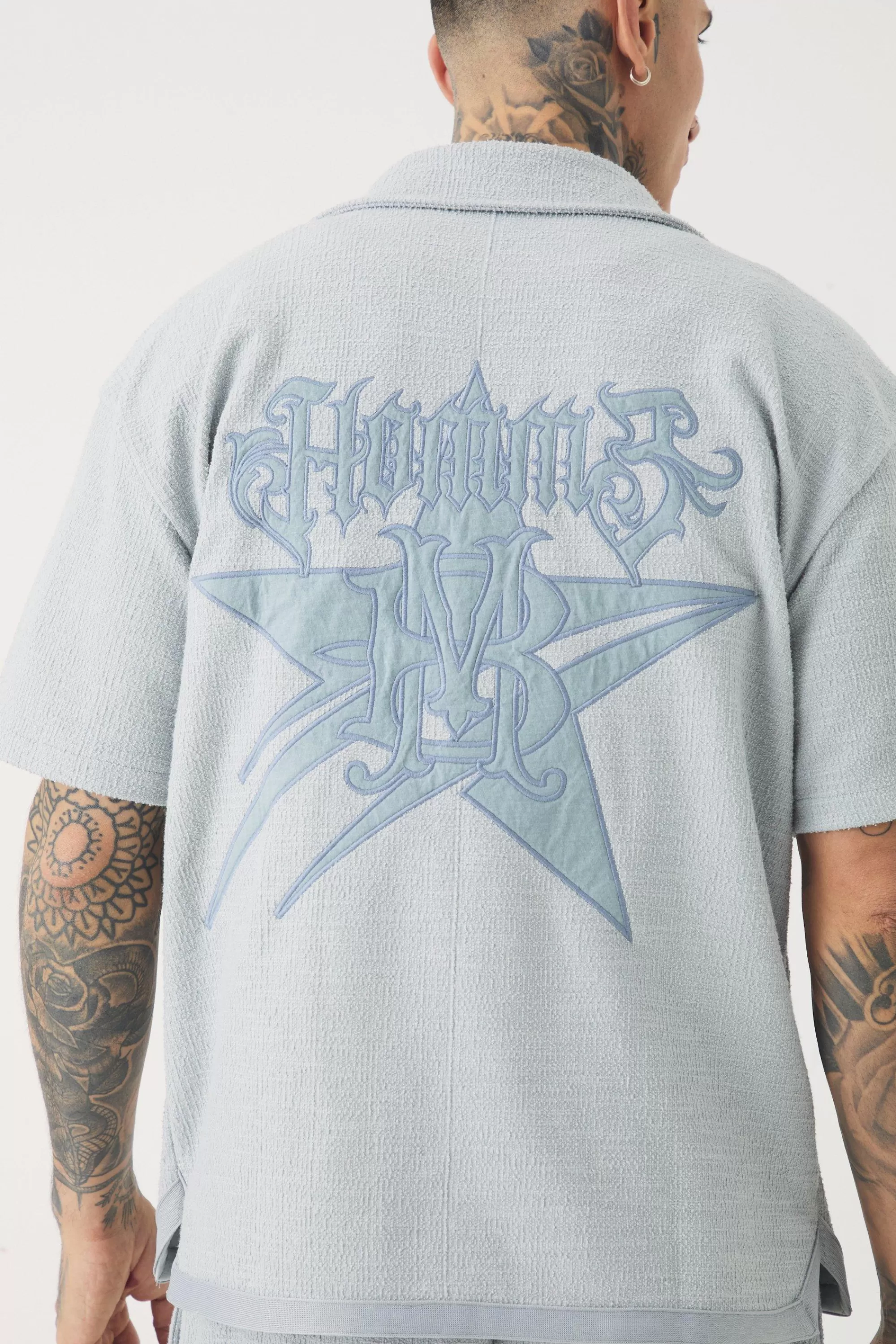 boohooMAN Tall Oversized Textured Star Applique Shirt | UK