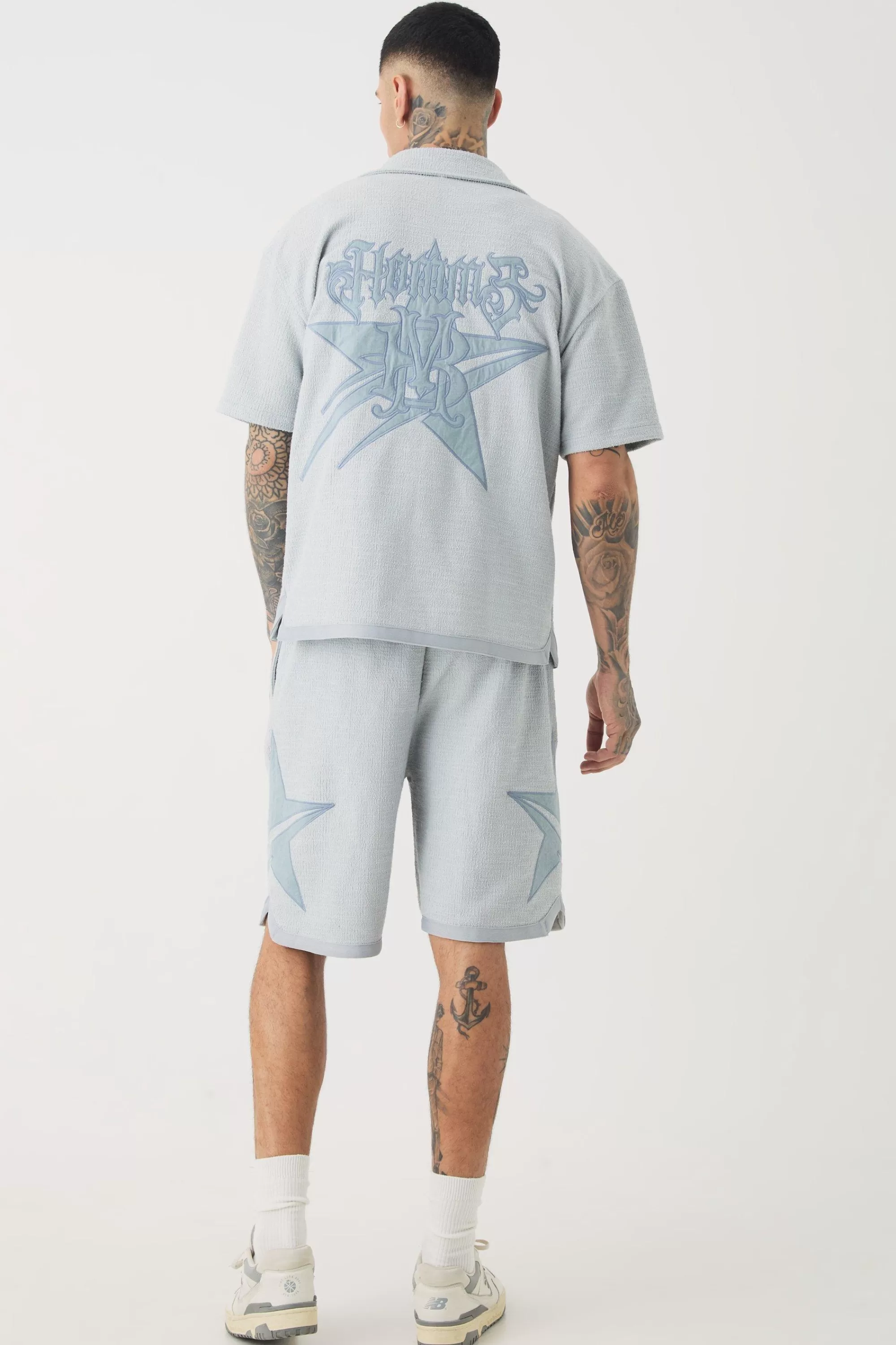 boohooMAN Tall Oversized Textured Star Applique Shirt | UK