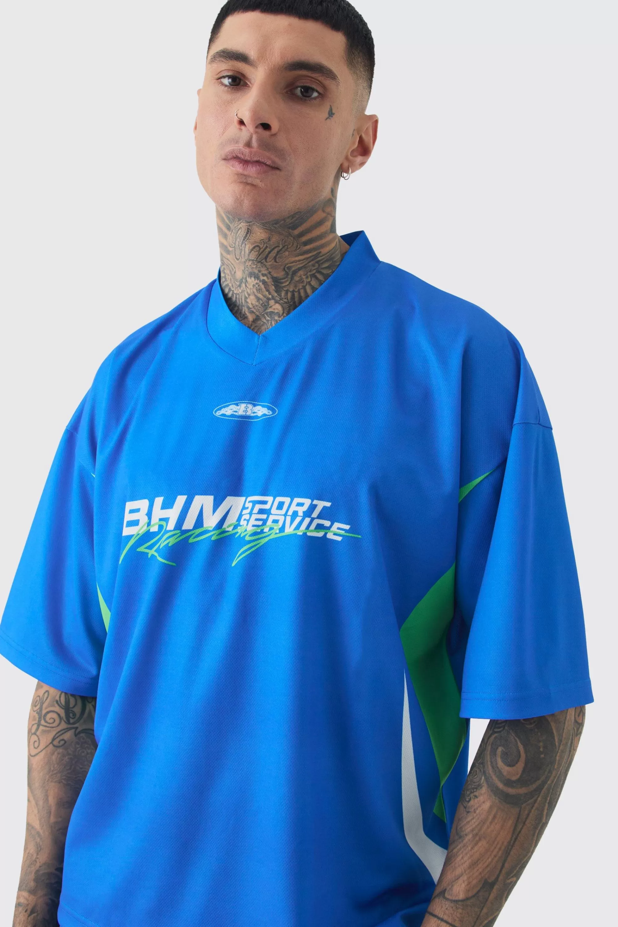 boohooMAN Tall Oversized V Neck Mesh Moto Printed T-shirt & Short Set | UK