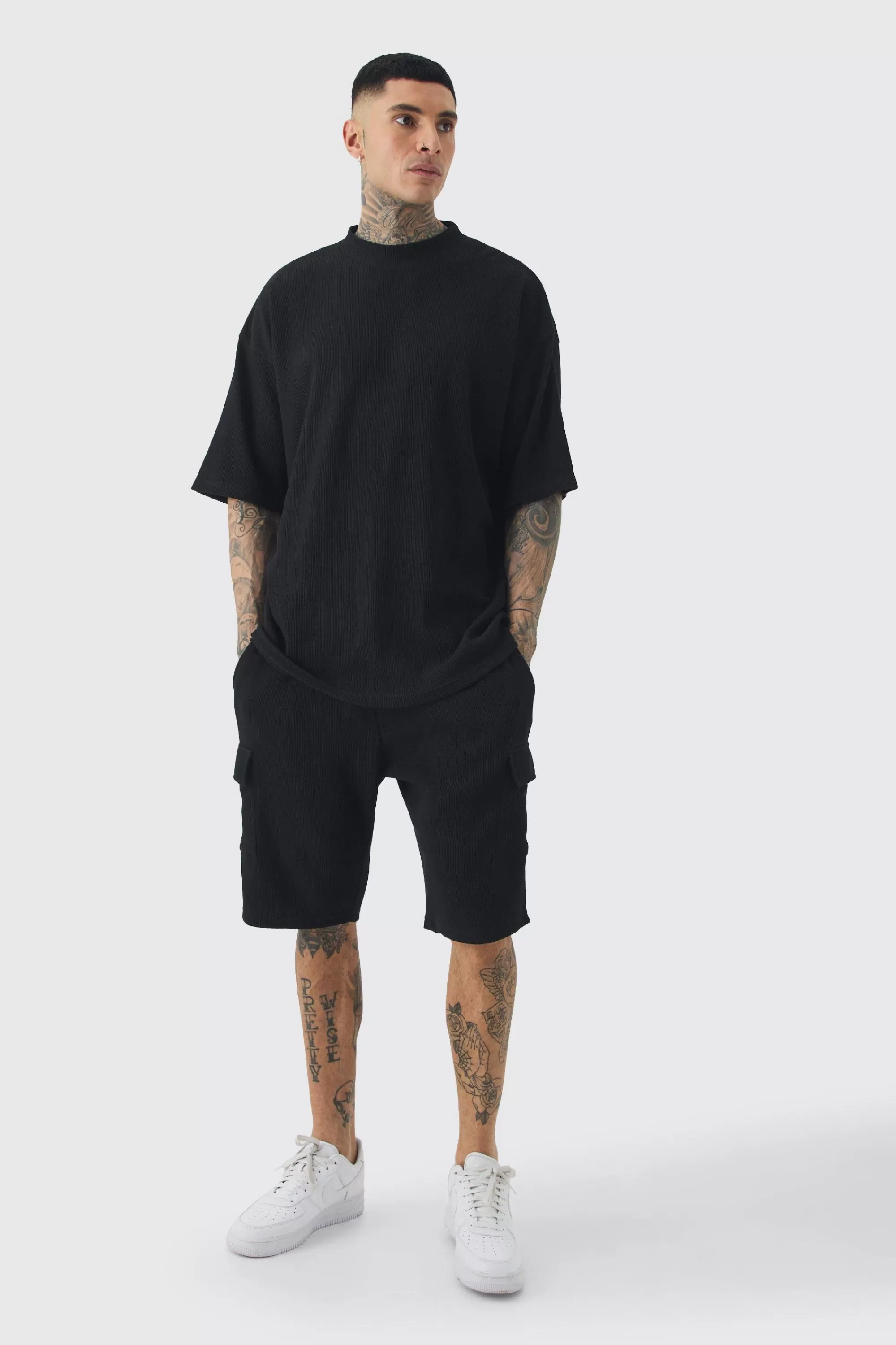 boohooMAN Tall Oversized Waffle T-shirt & Cargo Short Set | UK