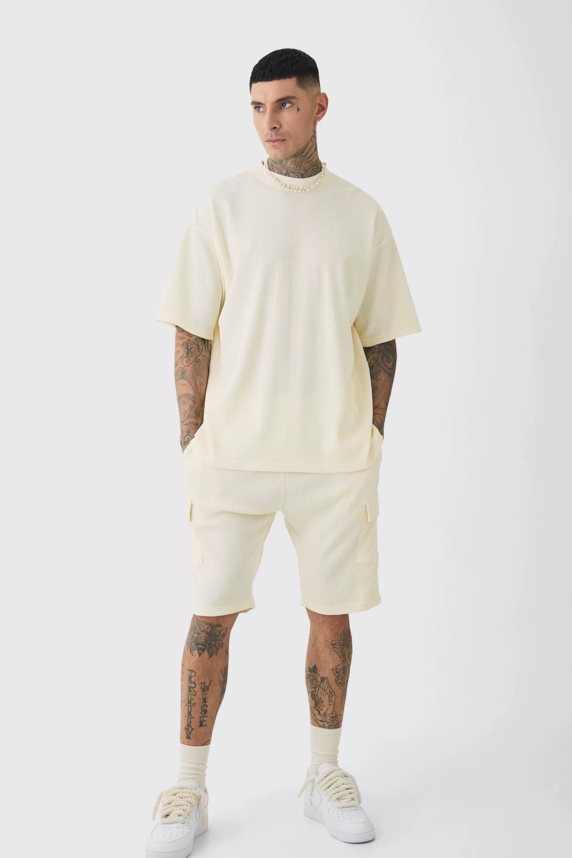 boohooMAN Tall Oversized Waffle T-shirt & Cargo Short Set | UK