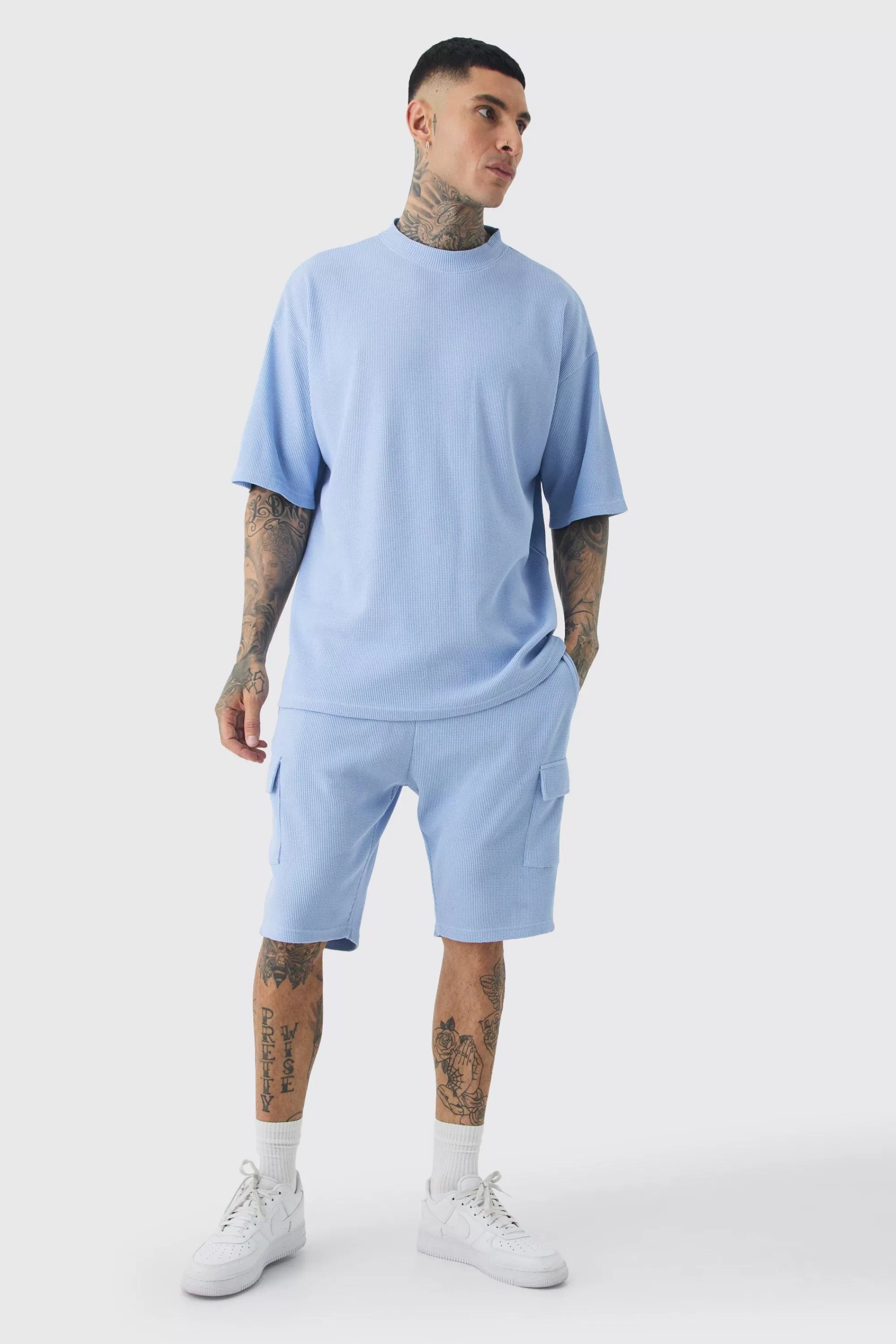 boohooMAN Tall Oversized Waffle T-shirt & Cargo Short Set | UK