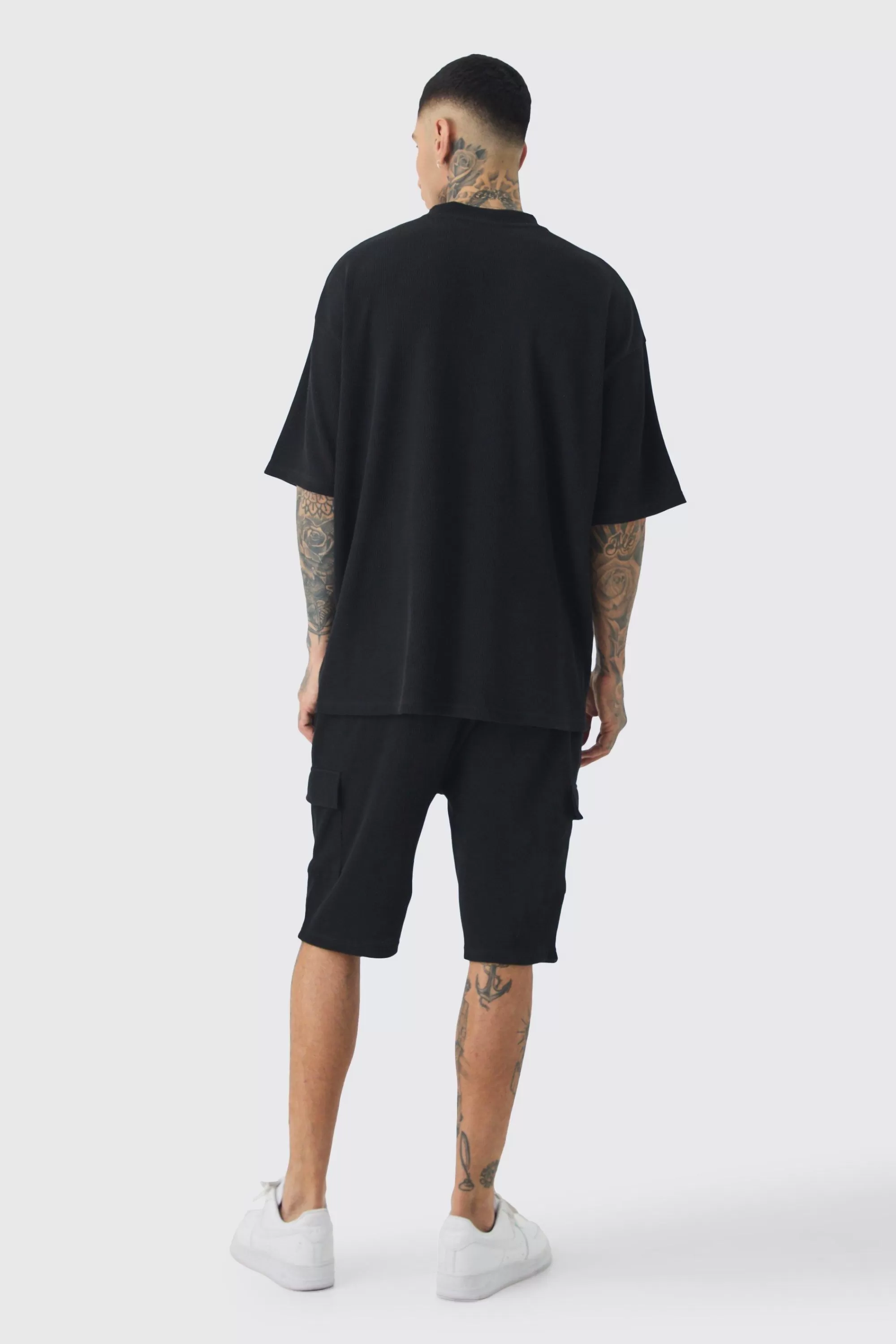 boohooMAN Tall Oversized Waffle T-shirt & Cargo Short Set | UK