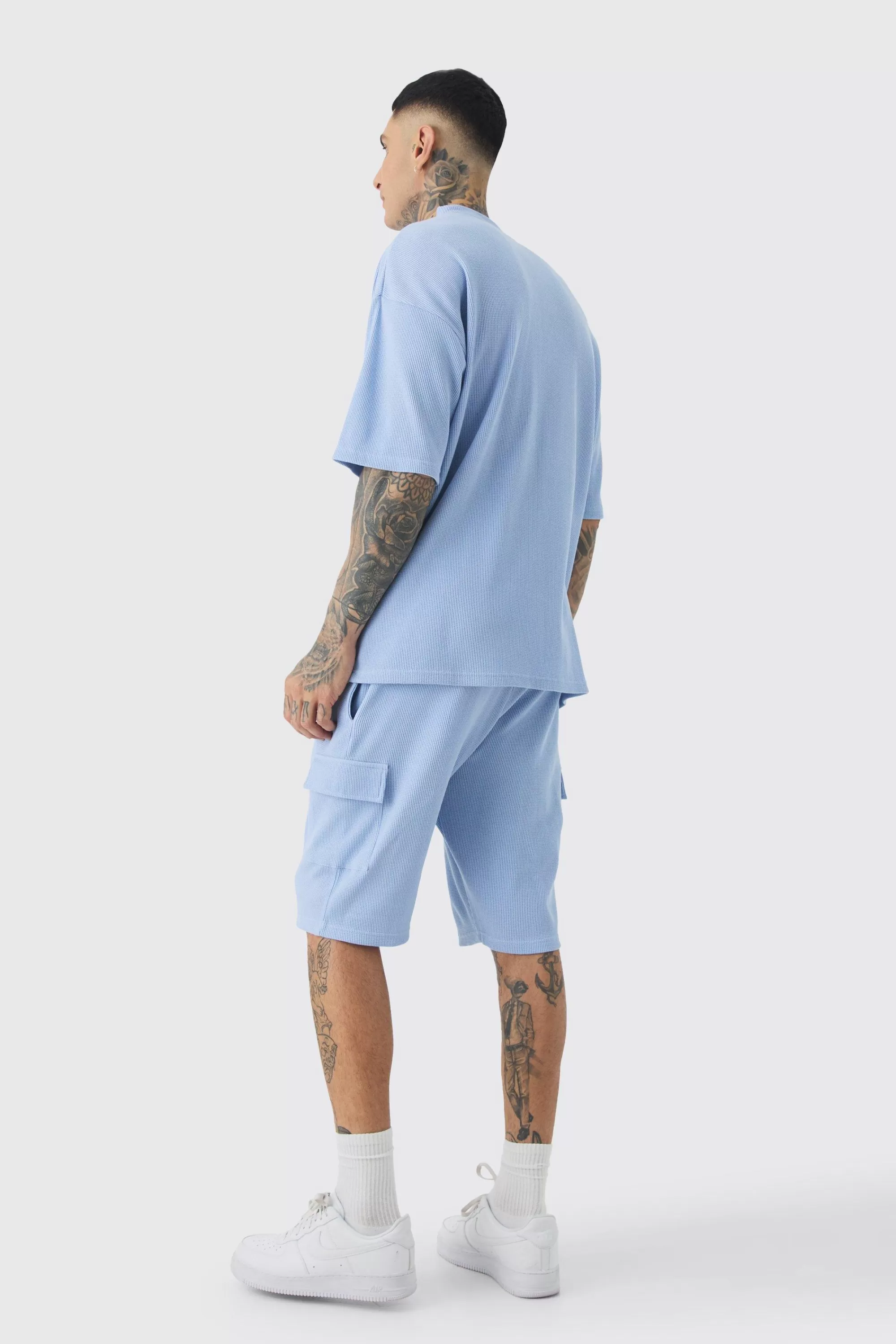 boohooMAN Tall Oversized Waffle T-shirt & Cargo Short Set | UK