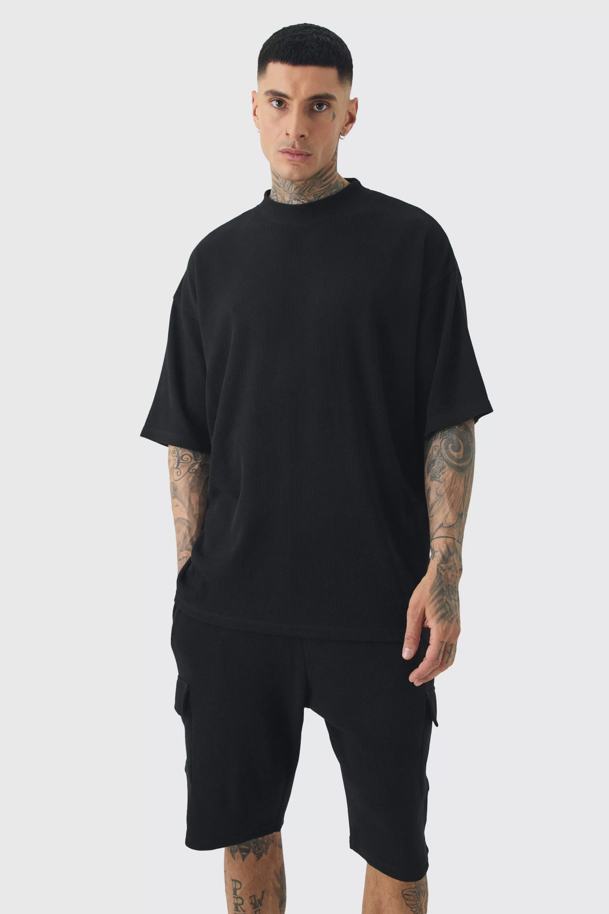 boohooMAN Tall Oversized Waffle T-shirt & Cargo Short Set | UK