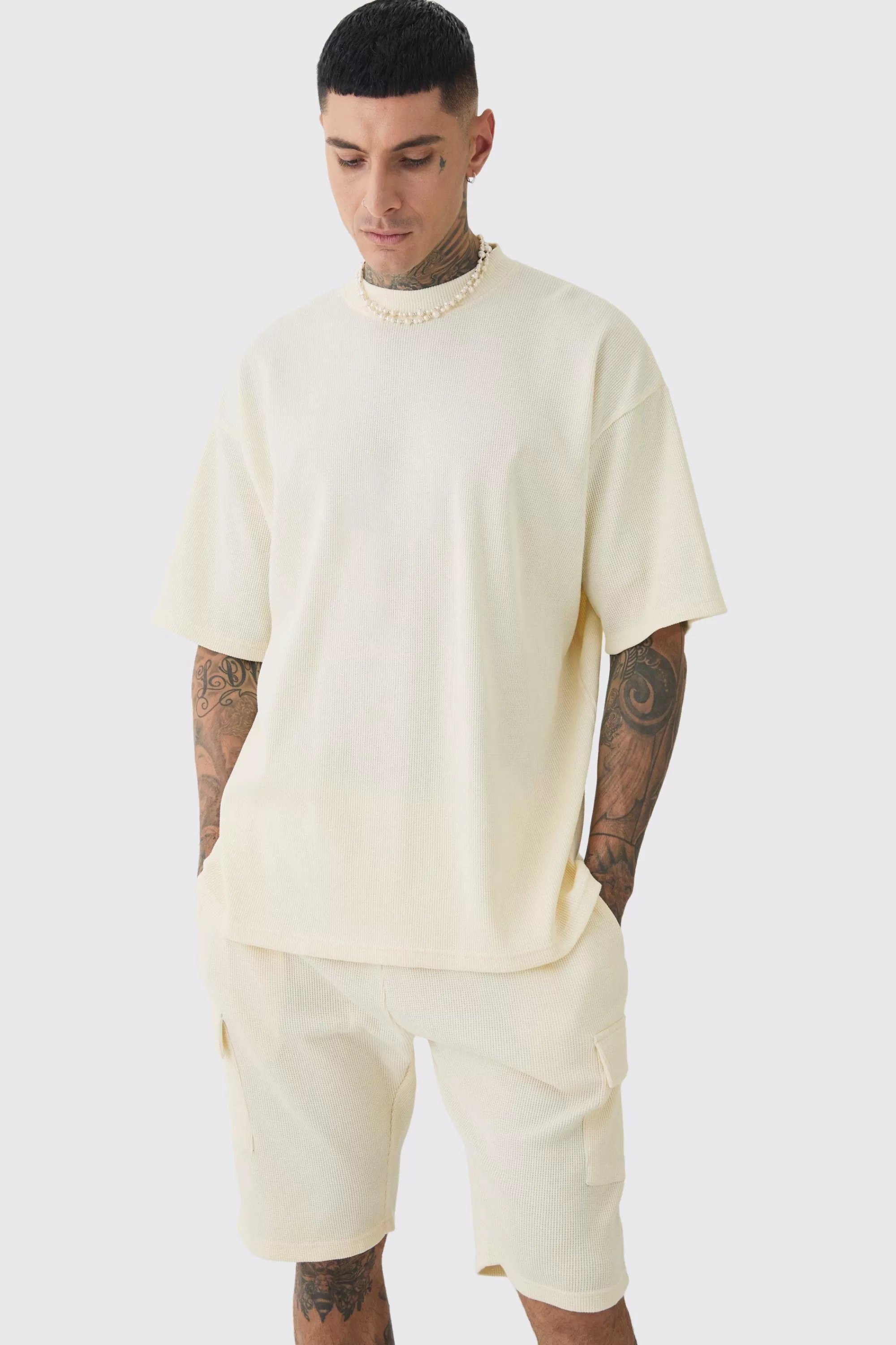 boohooMAN Tall Oversized Waffle T-shirt & Cargo Short Set | UK