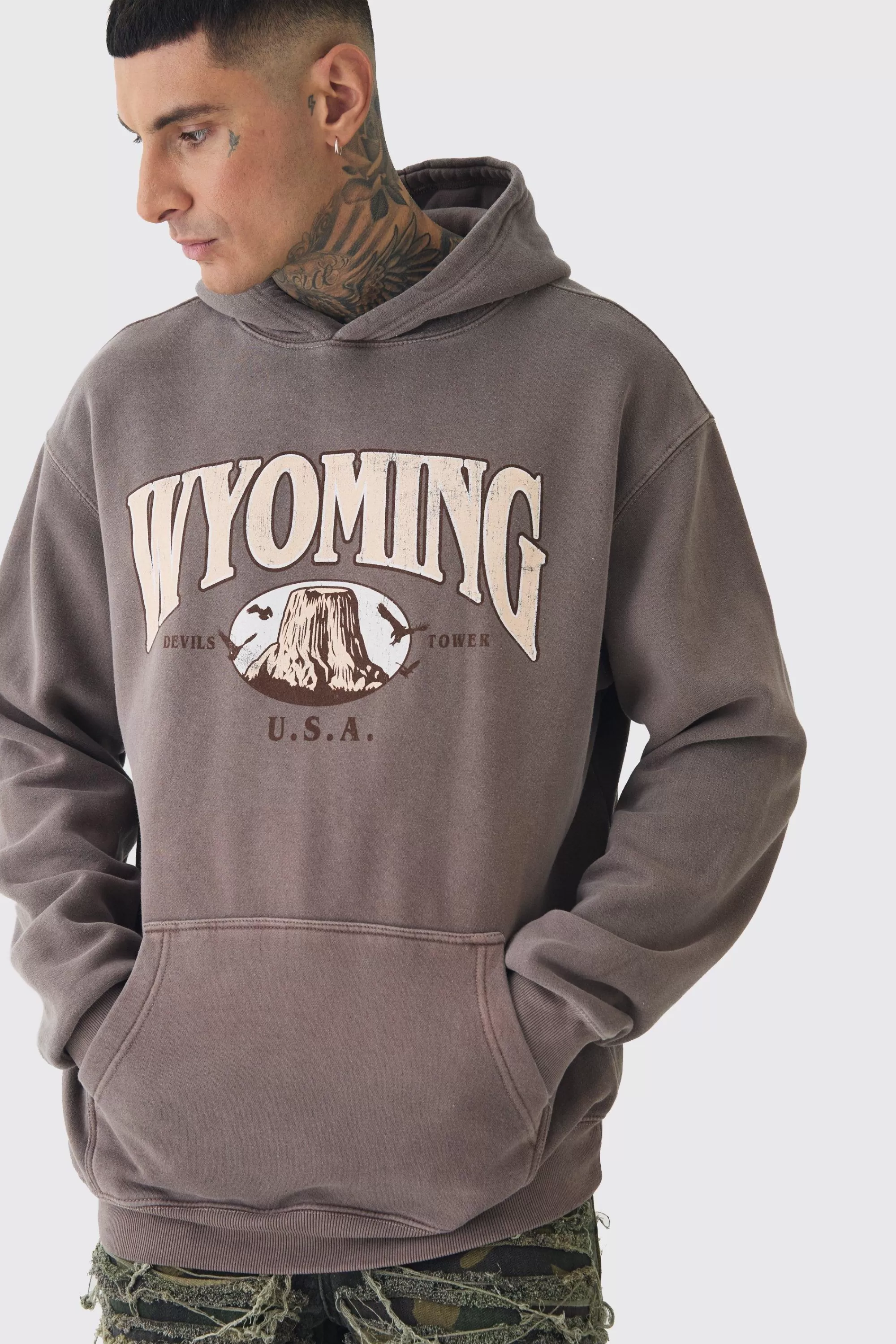 boohooMAN Tall Oversized Washed Wyoming Print Hoodie | UK