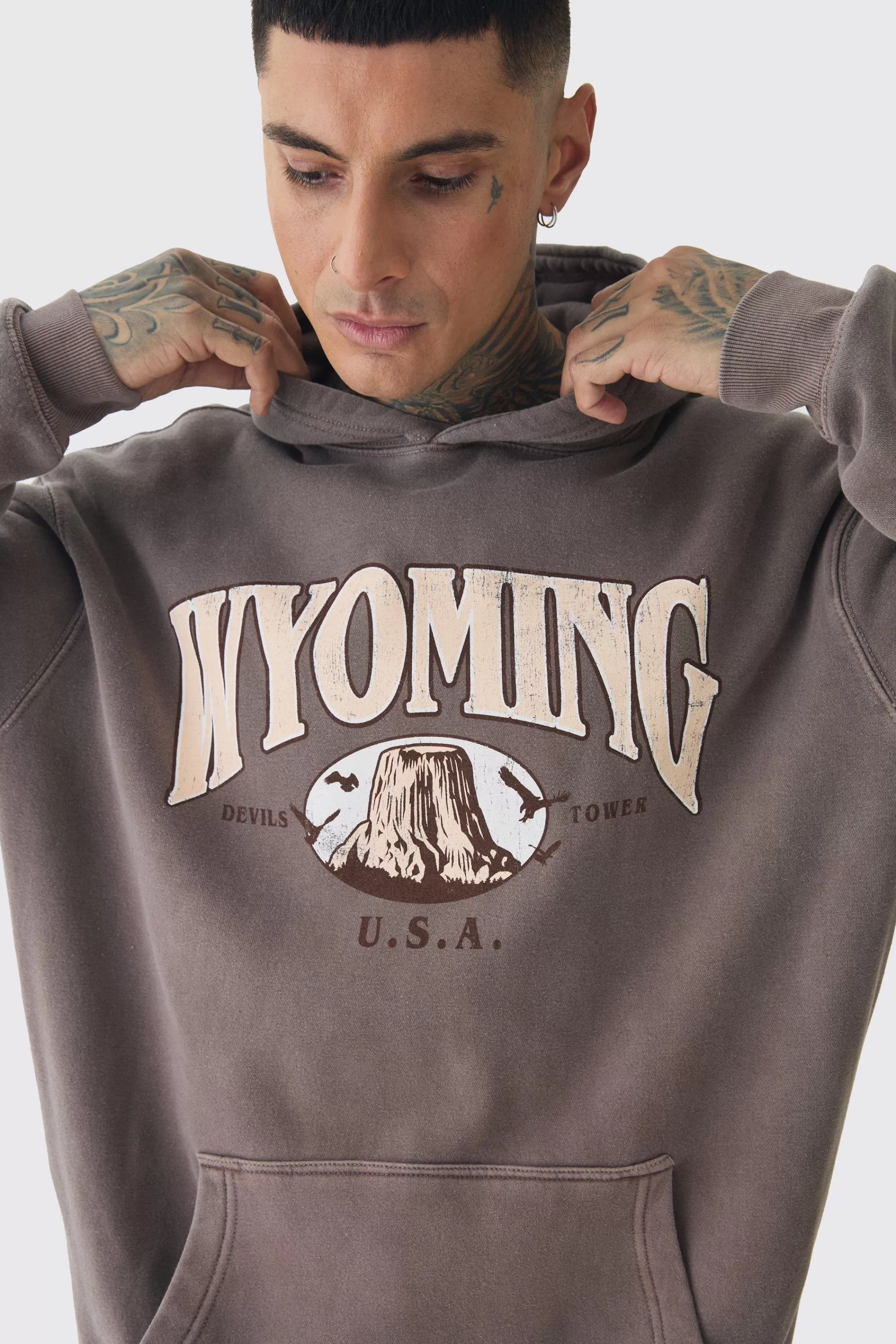 boohooMAN Tall Oversized Washed Wyoming Print Hoodie | UK
