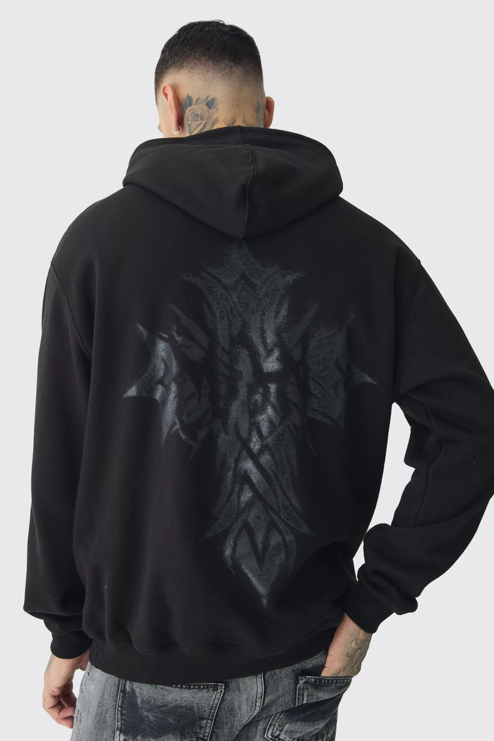 boohooMAN Tall Oversized Worldwide Gothic Cross Print Hoodie | UK
