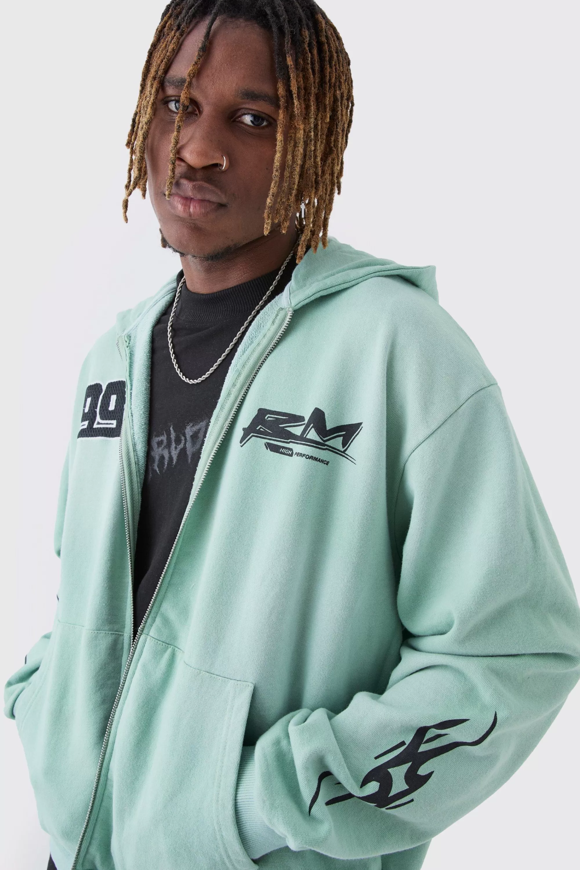 boohooMAN Tall Oversized Zip Thru Heavy Washed Applique Hoodie | UK