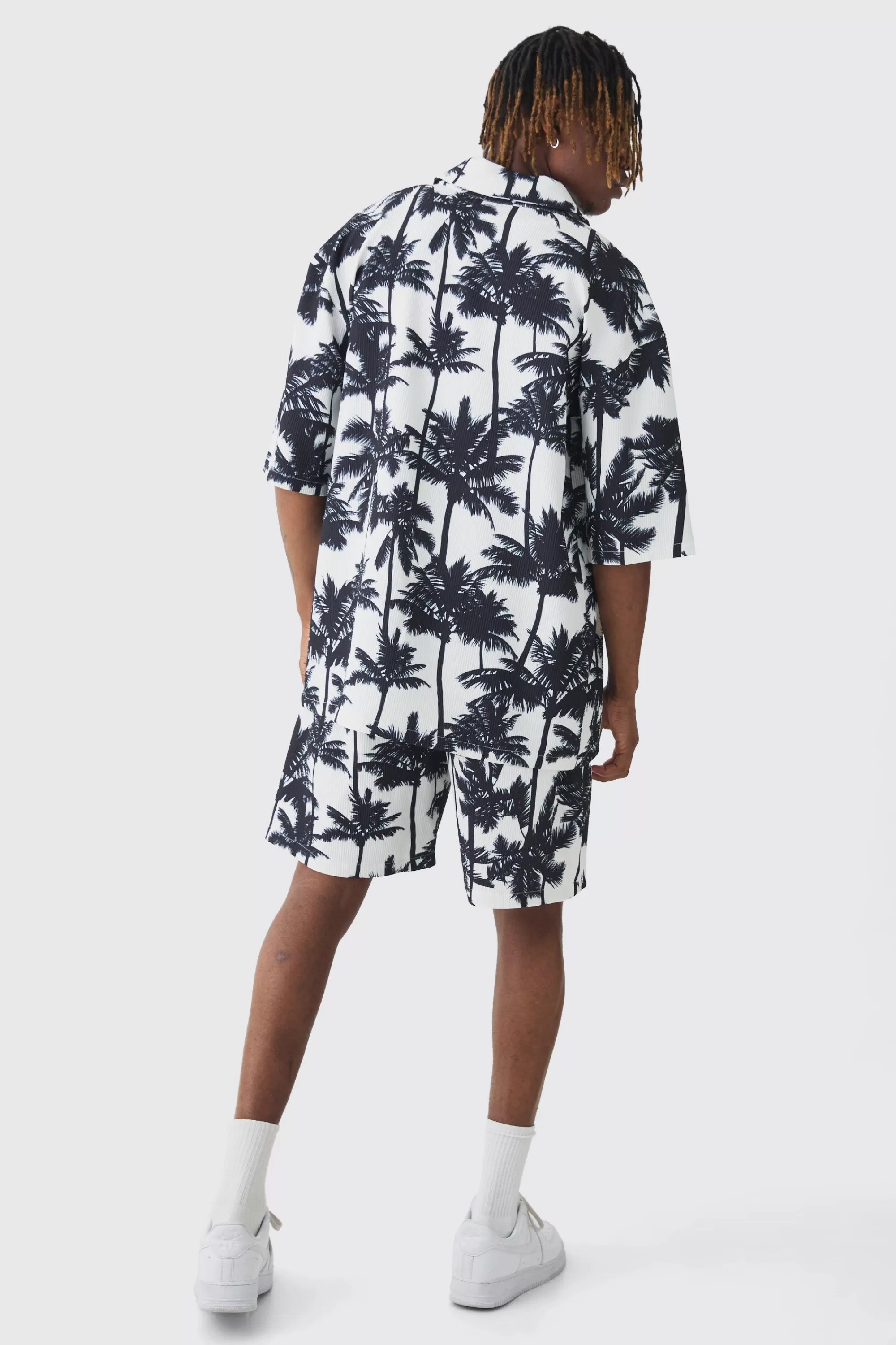 boohooMAN Tall Palm Printed Oversized Short Sleeve Pleated Shirt & Short Set | UK