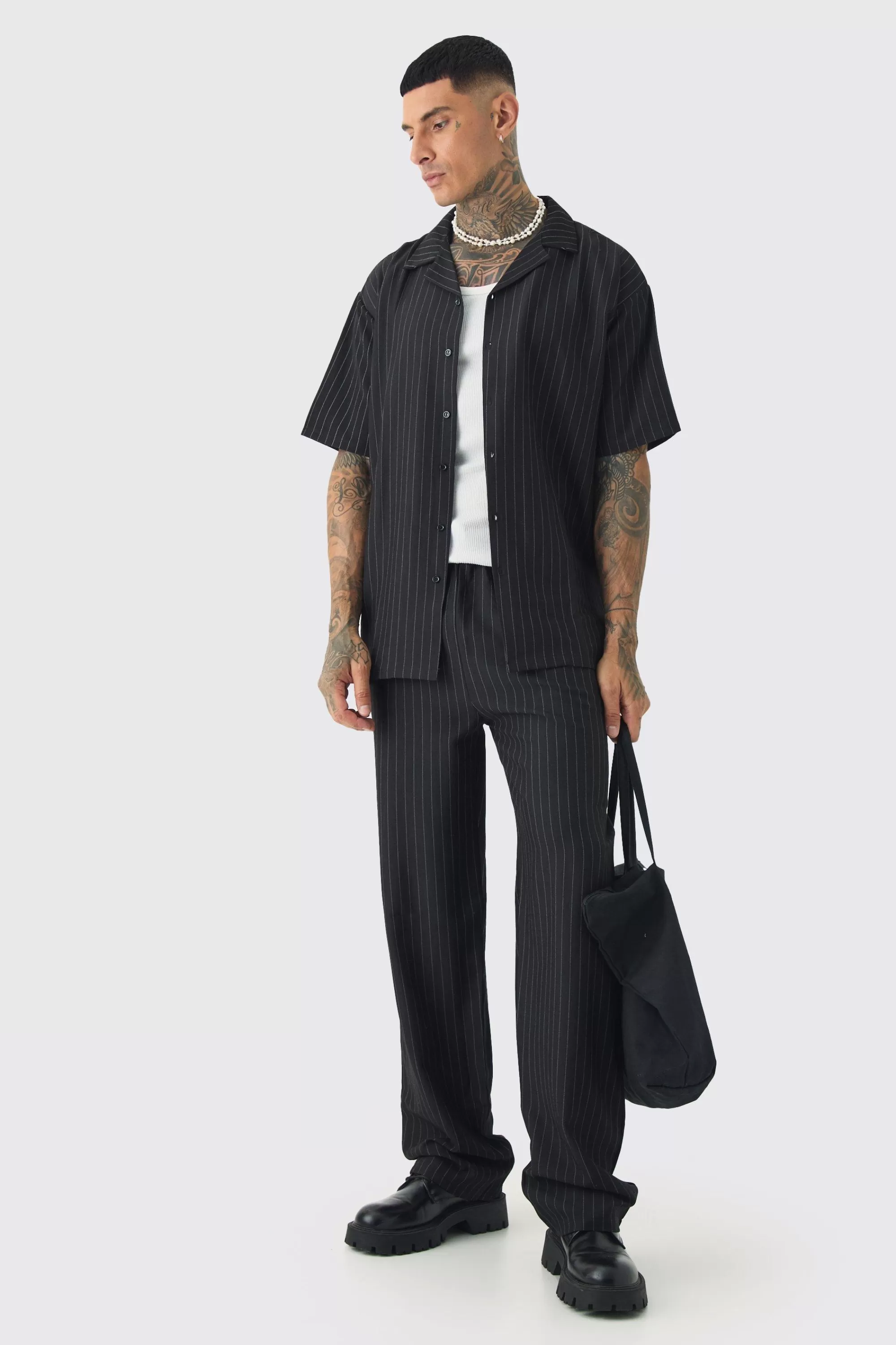 boohooMAN Tall Pinstripe Revere Shirt & Relaxed Trouser Set | UK