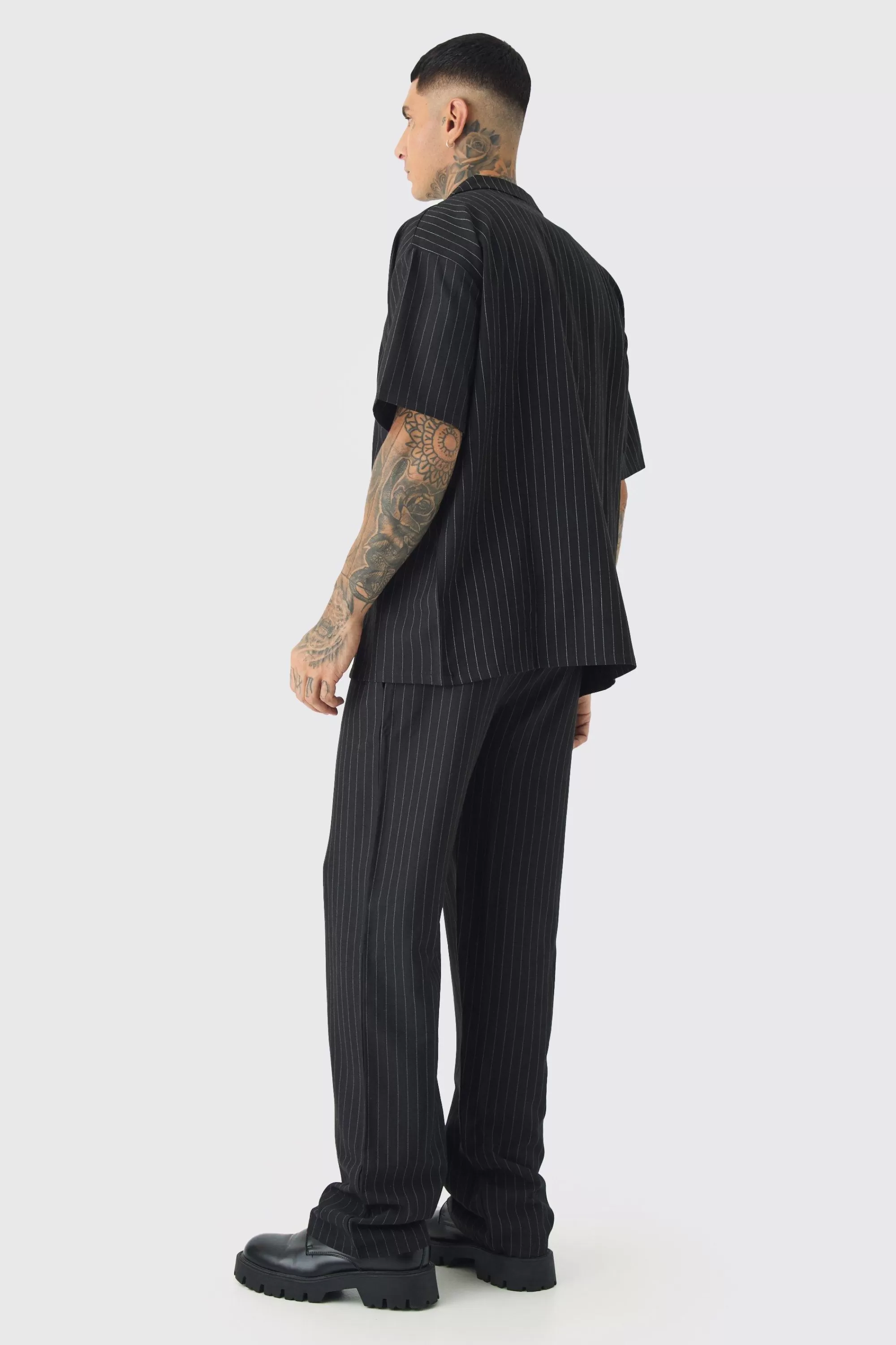 boohooMAN Tall Pinstripe Revere Shirt & Relaxed Trouser Set | UK