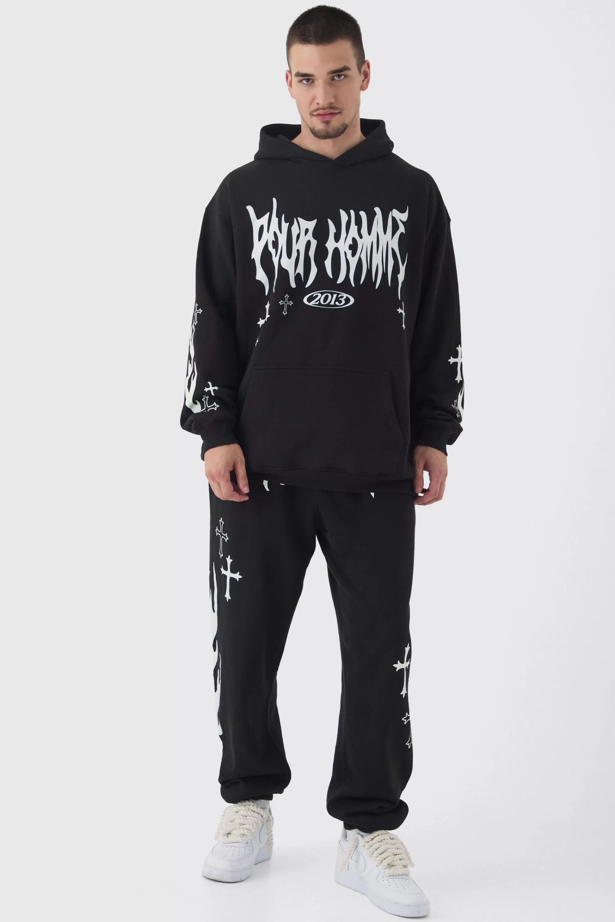 boohooMAN Tall Pour Homme Cross Print Oversized Tracksuit In | UK