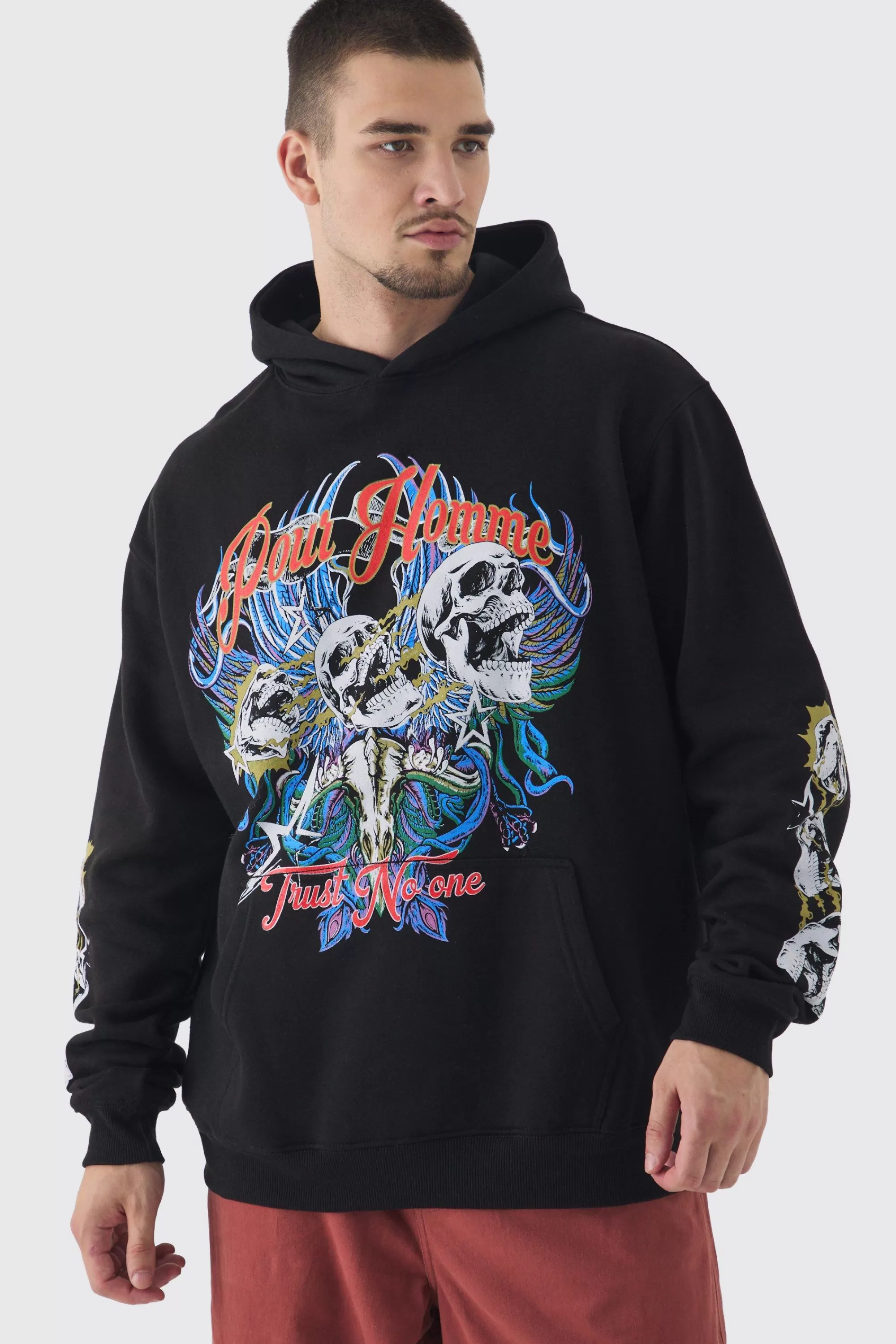 boohooMAN Tall Pour Homme Skull Print Oversized Hoodie In | UK