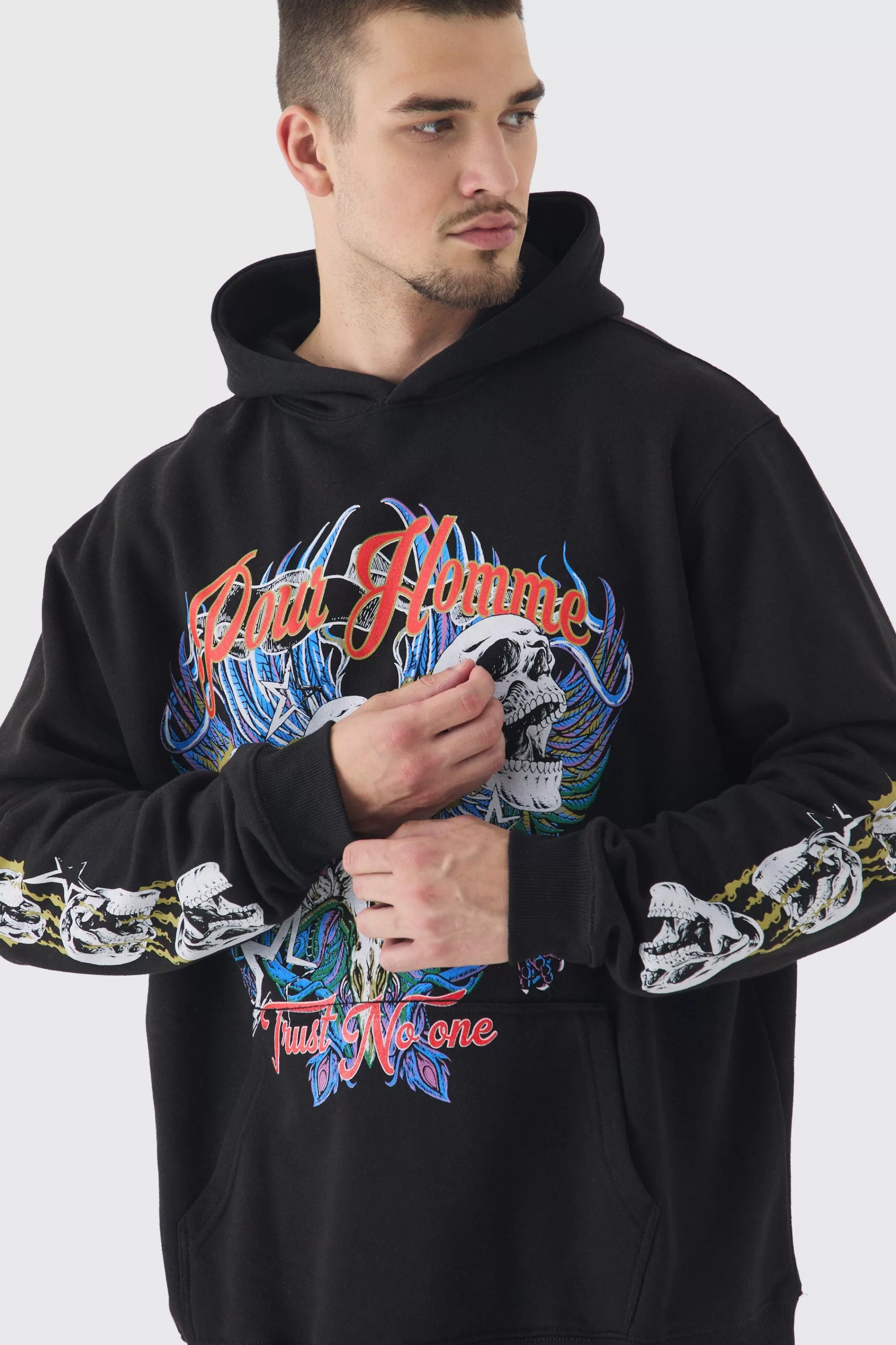 boohooMAN Tall Pour Homme Skull Print Oversized Hoodie In | UK