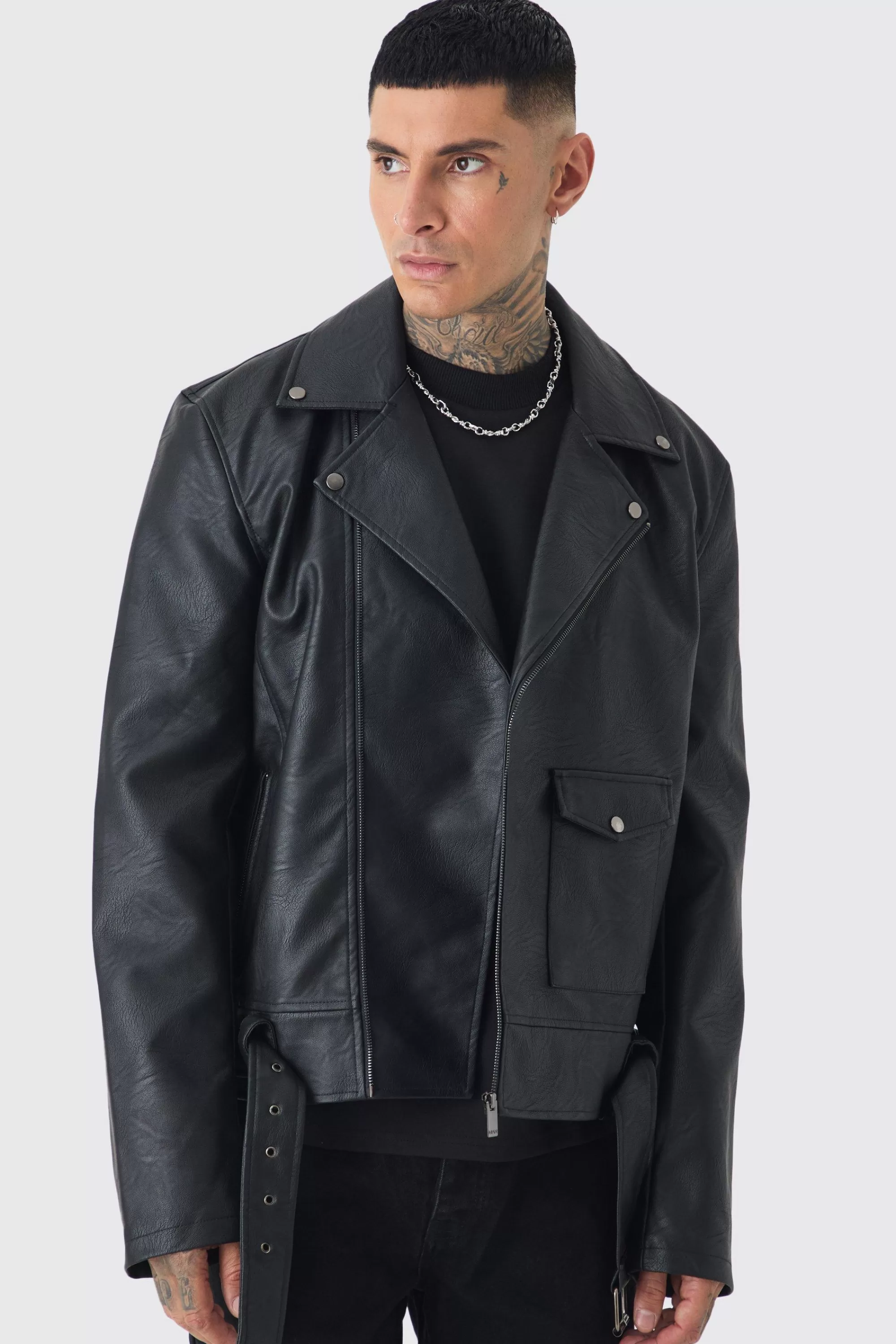 boohooMAN Tall PU Biker Jacket In | UK