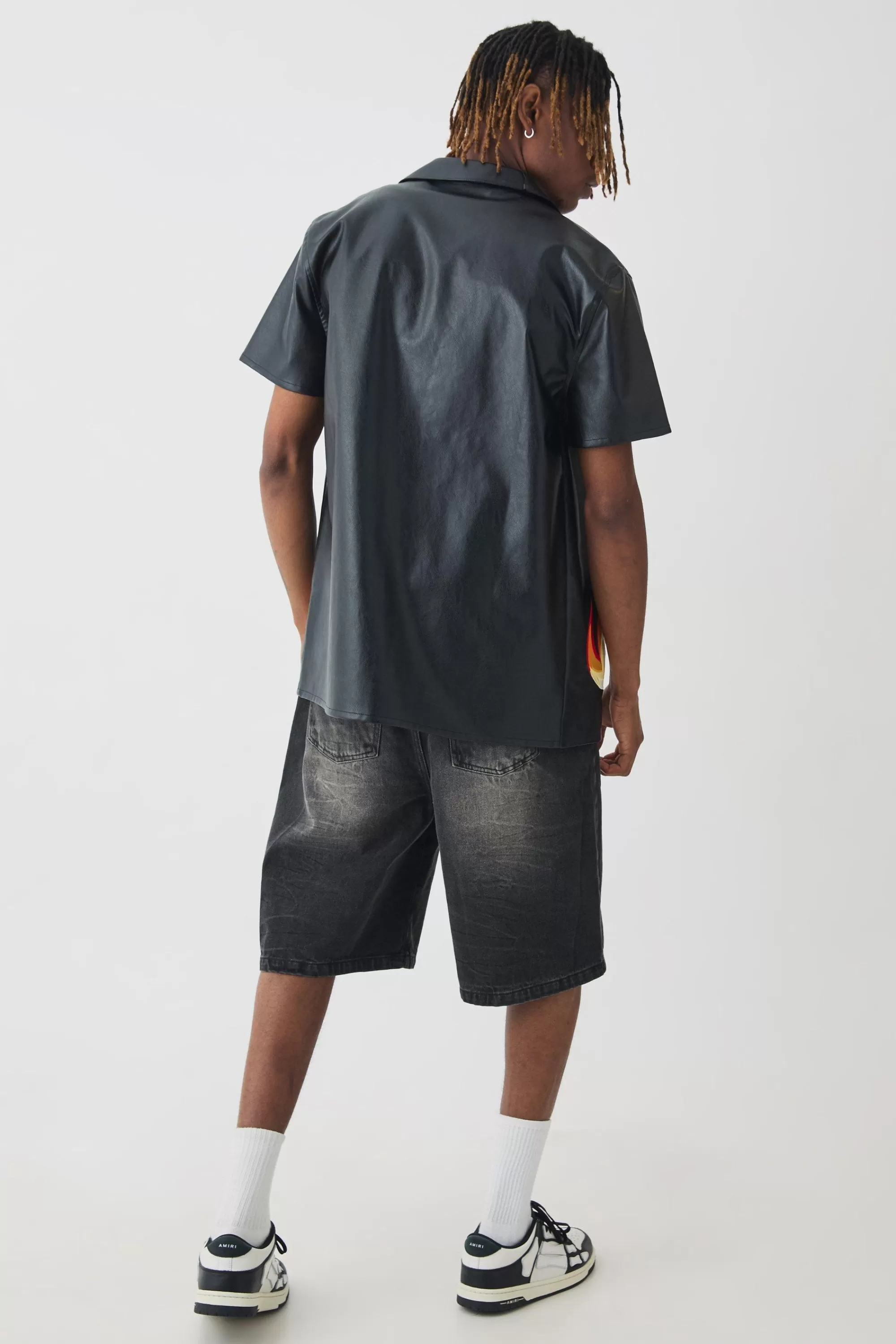 boohooMAN Tall PU Flame Embroidery Shirt | UK